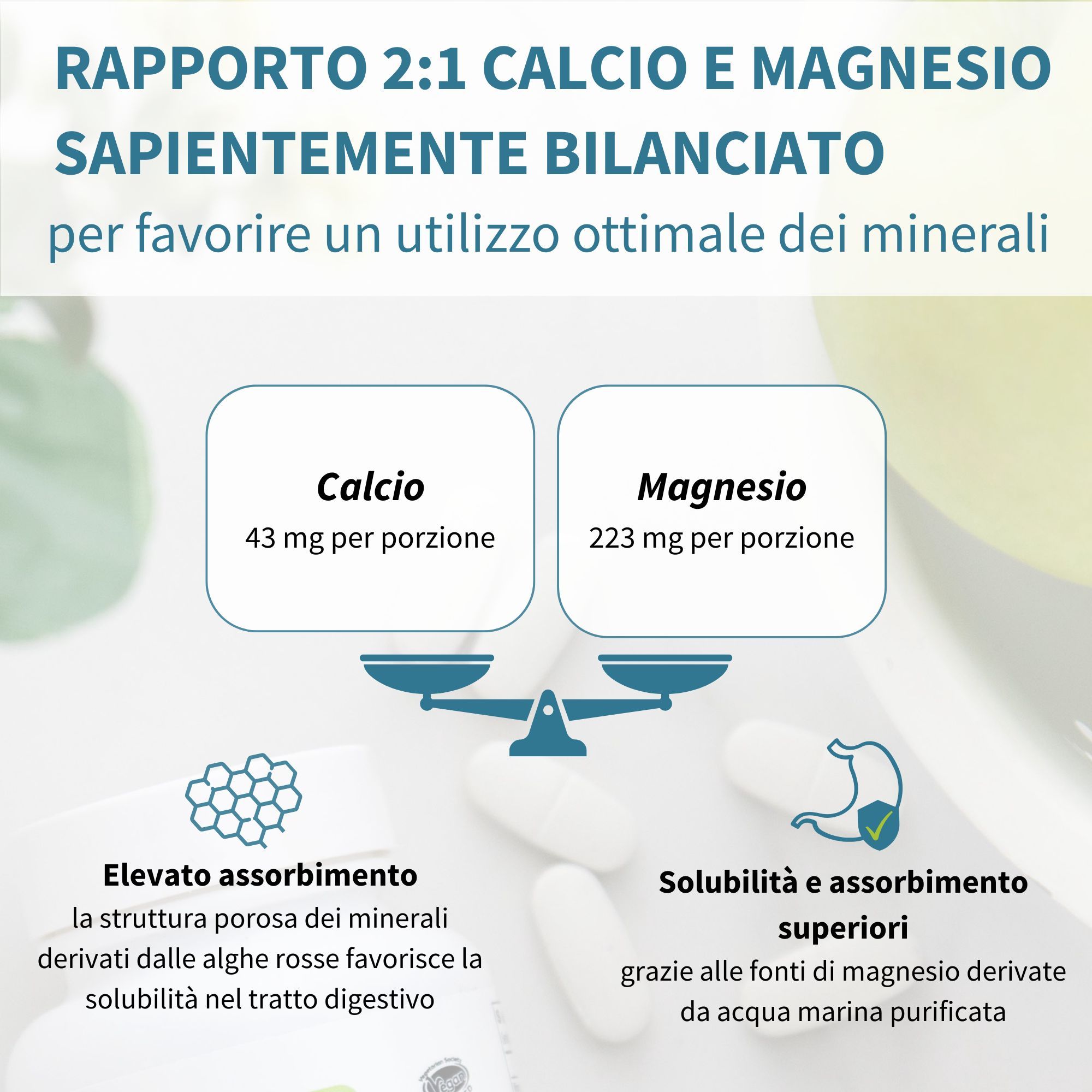 Grafik zeigt Kalzium und Magnesium im Verhältnis 2:1, mit 43mg Kalzium und 223mg Magnesium pro Portion.