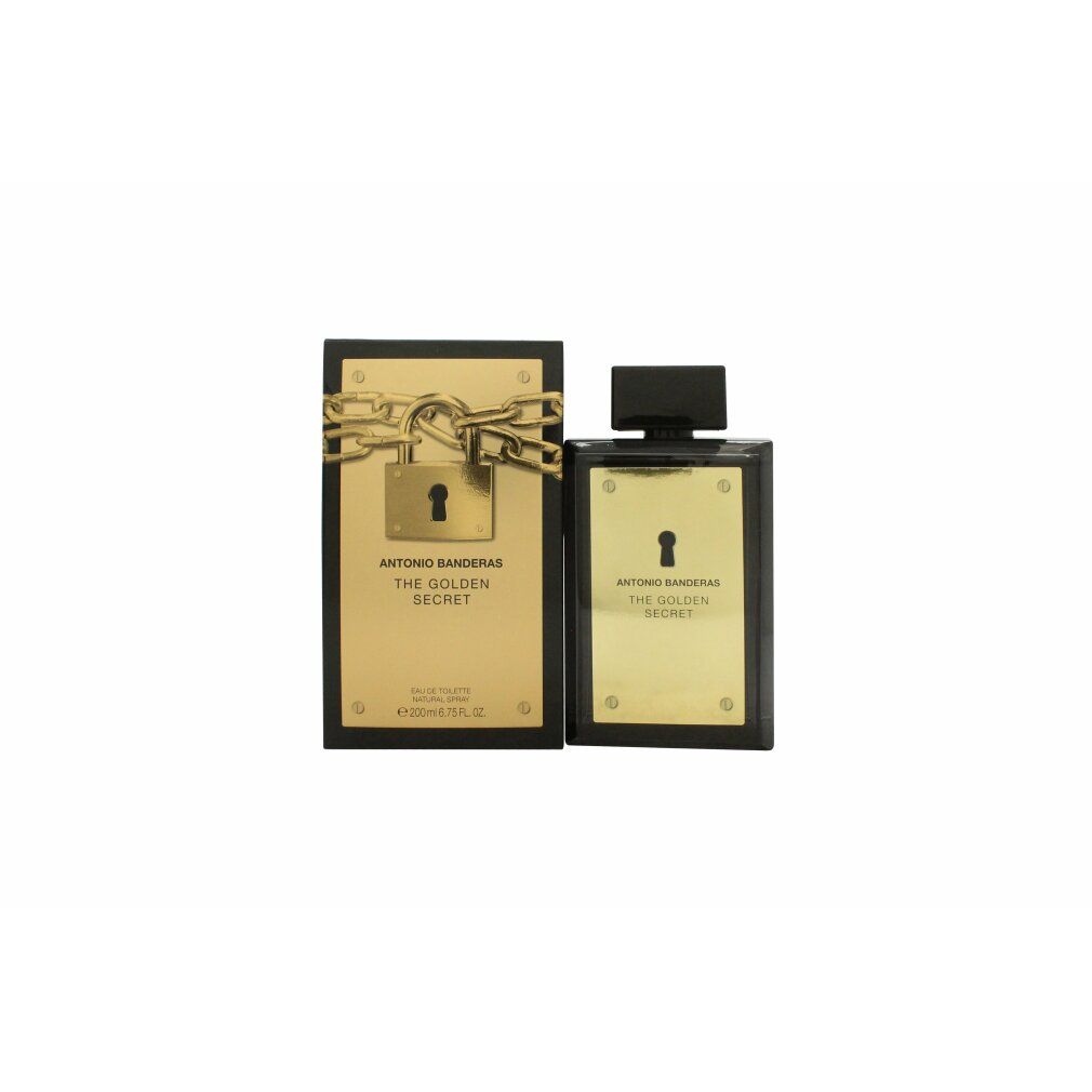 Flakon und Verpackung. Schwarzer Flakon mit goldener Platte und Schlüsselmotiv. Goldene Verpackung mit Kette und Schloss.