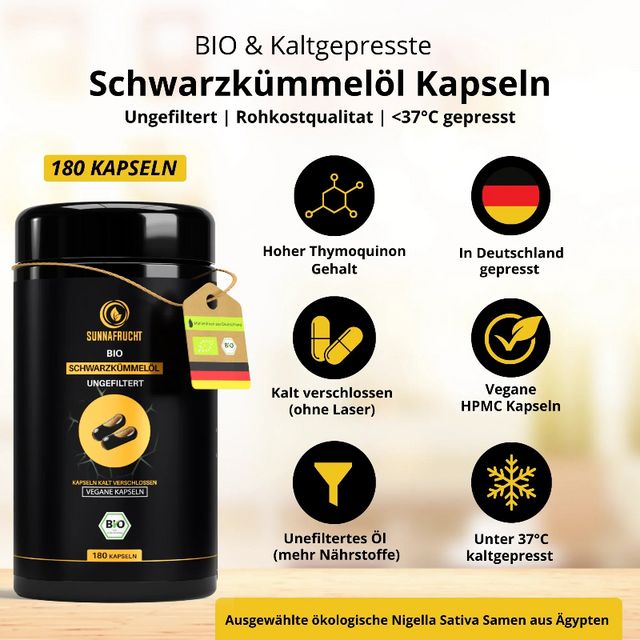 Dose Schwarzkümmelöl Kapseln mit Infografiken: '180 Kapseln', 'Deutschland gepresst', 'Vegane Kapseln'.