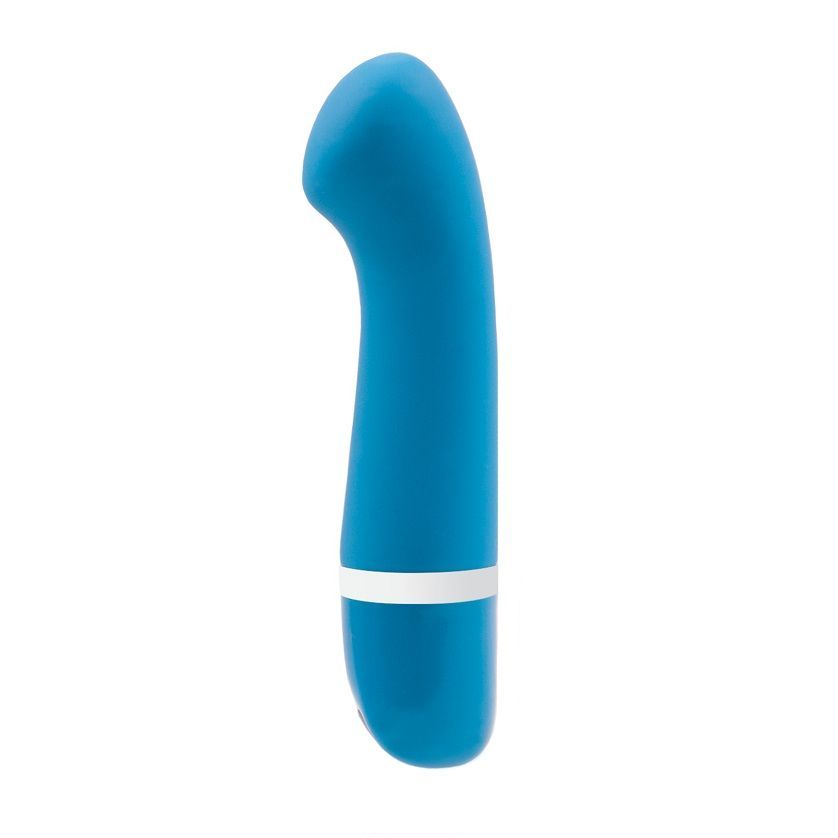 Blauer Vibrator mit gebogener Form. Weißer Ring in der Mitte.