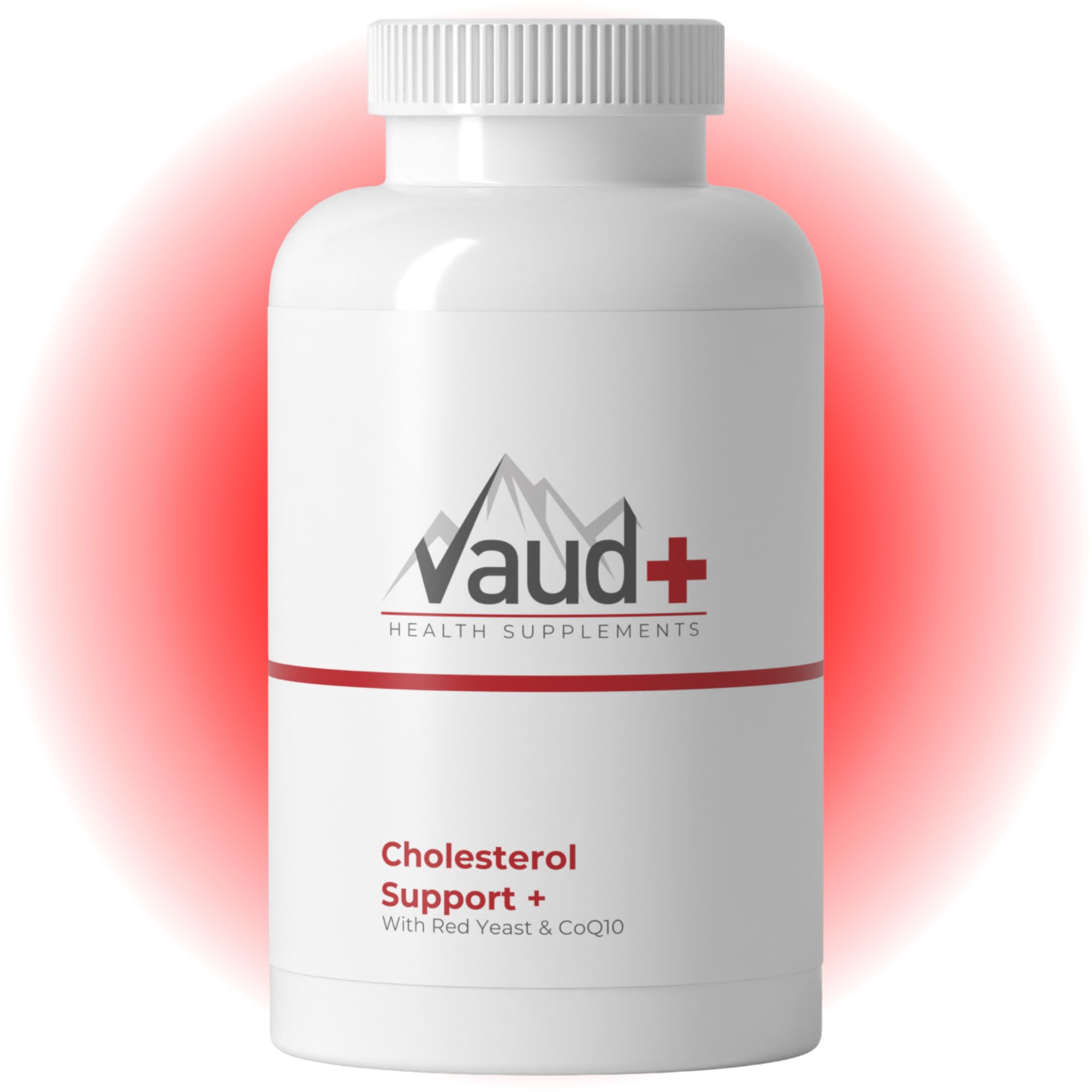 Weiße Flasche mit rotem Kreis. Vaud+ Logo und Schriftzug 'Cholesterol Support +'.