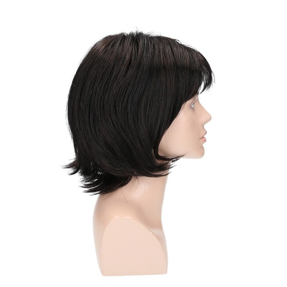 Perücke Maren von trendhair. Dunkelbraune, kurze Kunsthaarperücke mit Pony auf einer Büste. Seitenansicht.