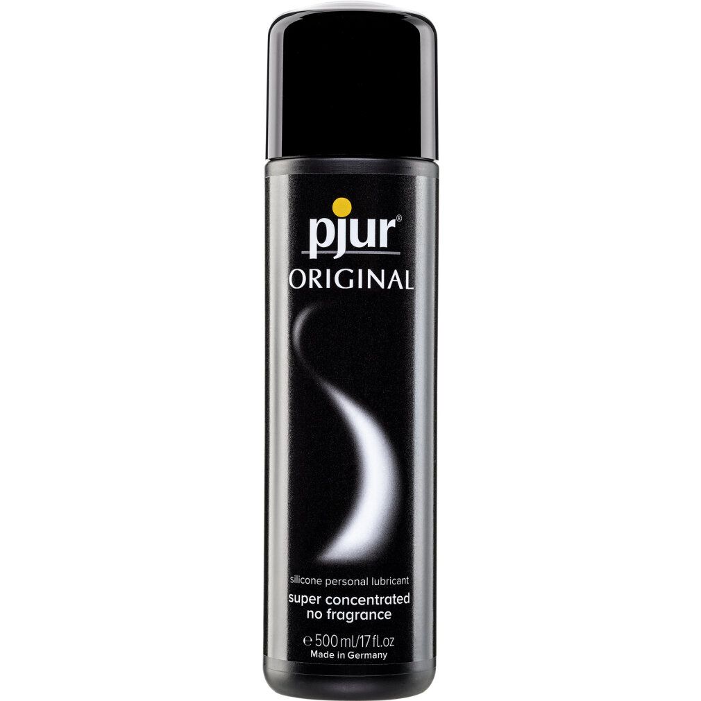 Schwarze Flasche mit schwarzem Deckel. Aufschrift: pjur ORIGINAL. Text: silicone personal lubricant super concentrated no fragrance. 500 ml.