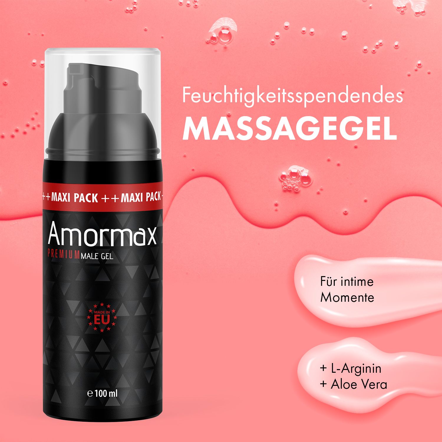 Amormax Premium Male Gel Flasche. Schwarze Flasche mit Pumpe, roter Schrift. EU-Zertifizierung. Auf rosa Hintergrund mit Text: Massagegel für intime Momente.