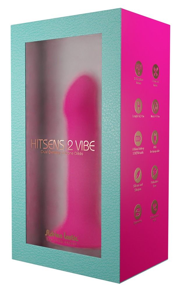 Rosa Vibrator mit Saugnapf in Verpackung. Text: HITSENS 2 VIBE, Adrien Lastic.
