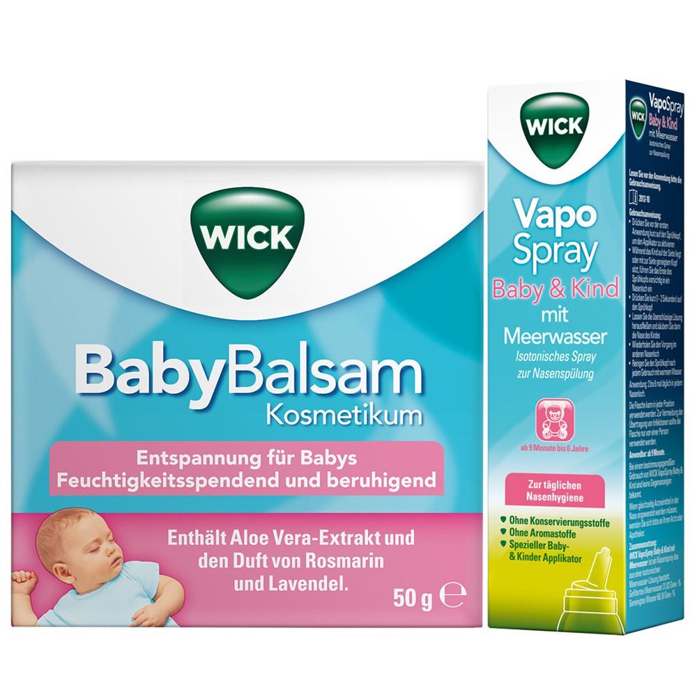 Zwei Produkte: BabyBalsam und VapoSpray. BabyBalsam-Packung mit Text und Baby-Illustration. VapoSpray-Flasche mit Text.