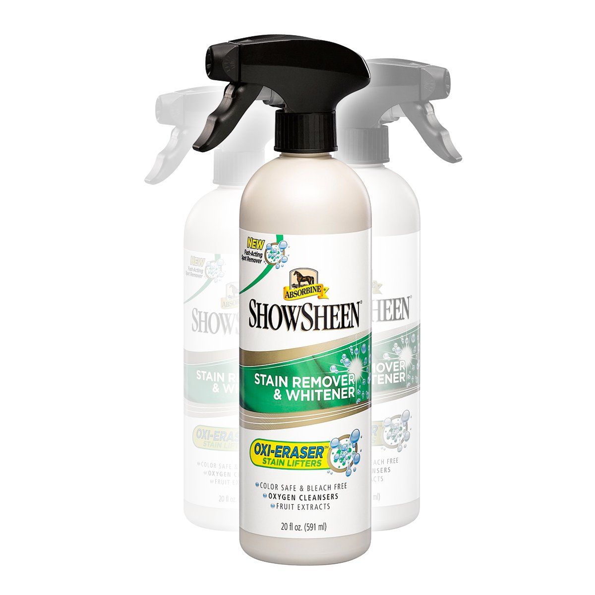 Flasche mit Sprühkopf. Aufschrift: SHOWSHEEN STAIN REMOVER & WHITENER. OXI-ERASER STAIN LIFTERS. 20 fl oz (591 ml).