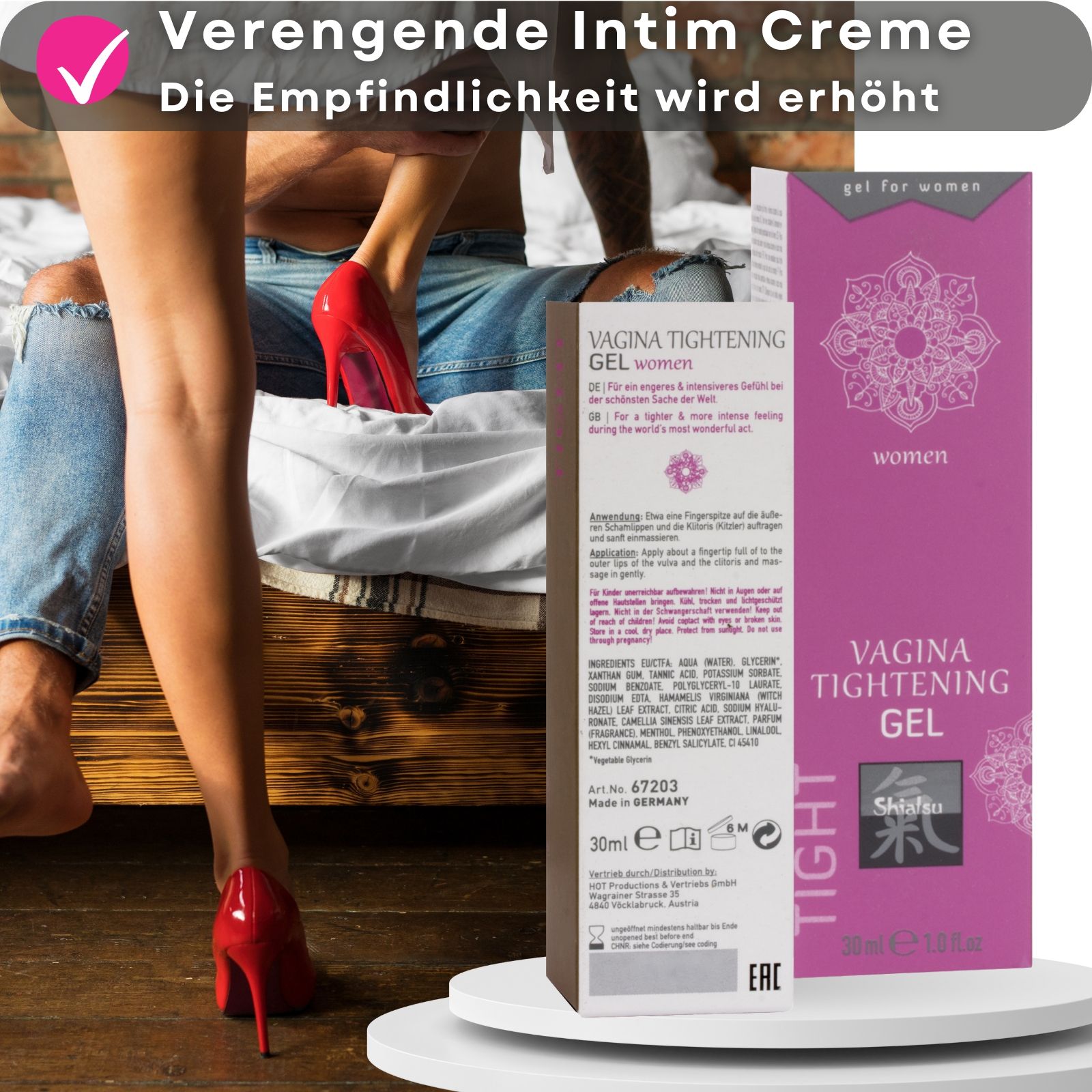Produkt und Verpackung. Vagina Tightening Gel. Rosa Tube. Text und Logo. Hintergrund: Paar.