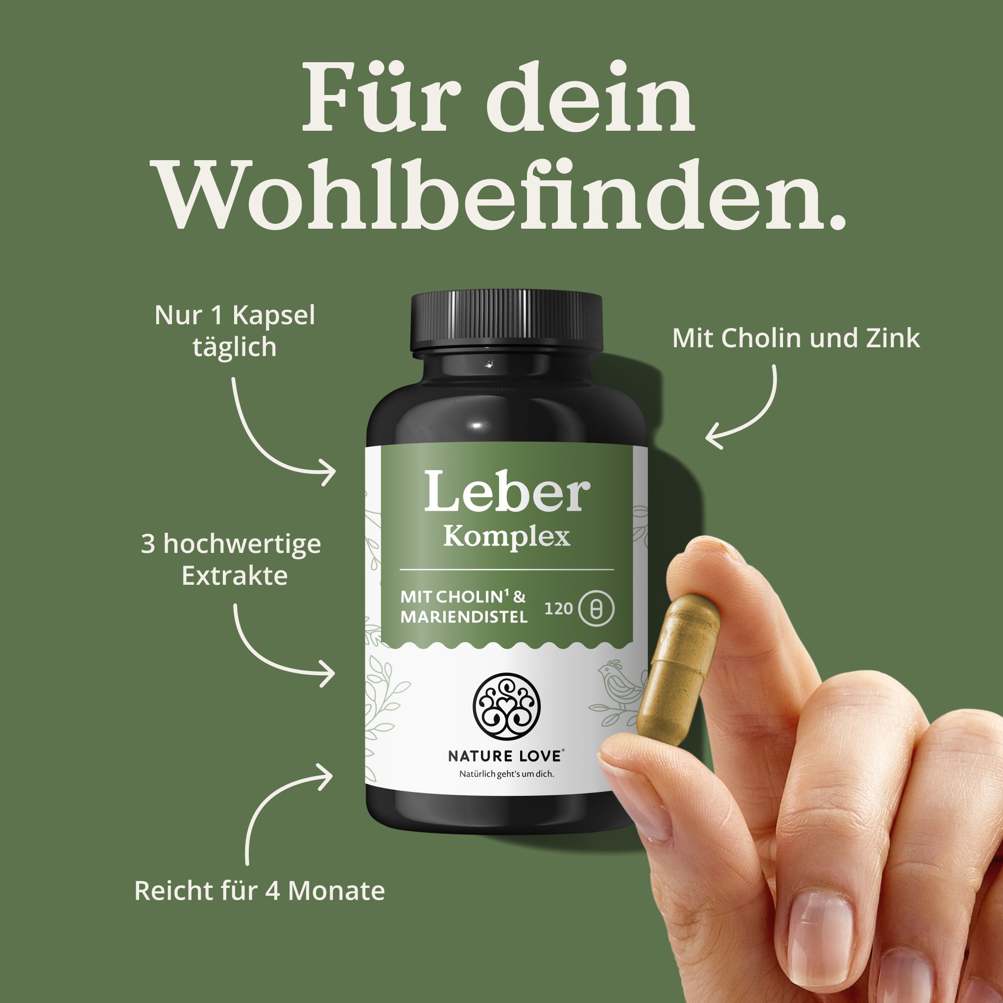 Flasche mit Leber Komplex Kapseln, eine Hand hält eine Kapsel.