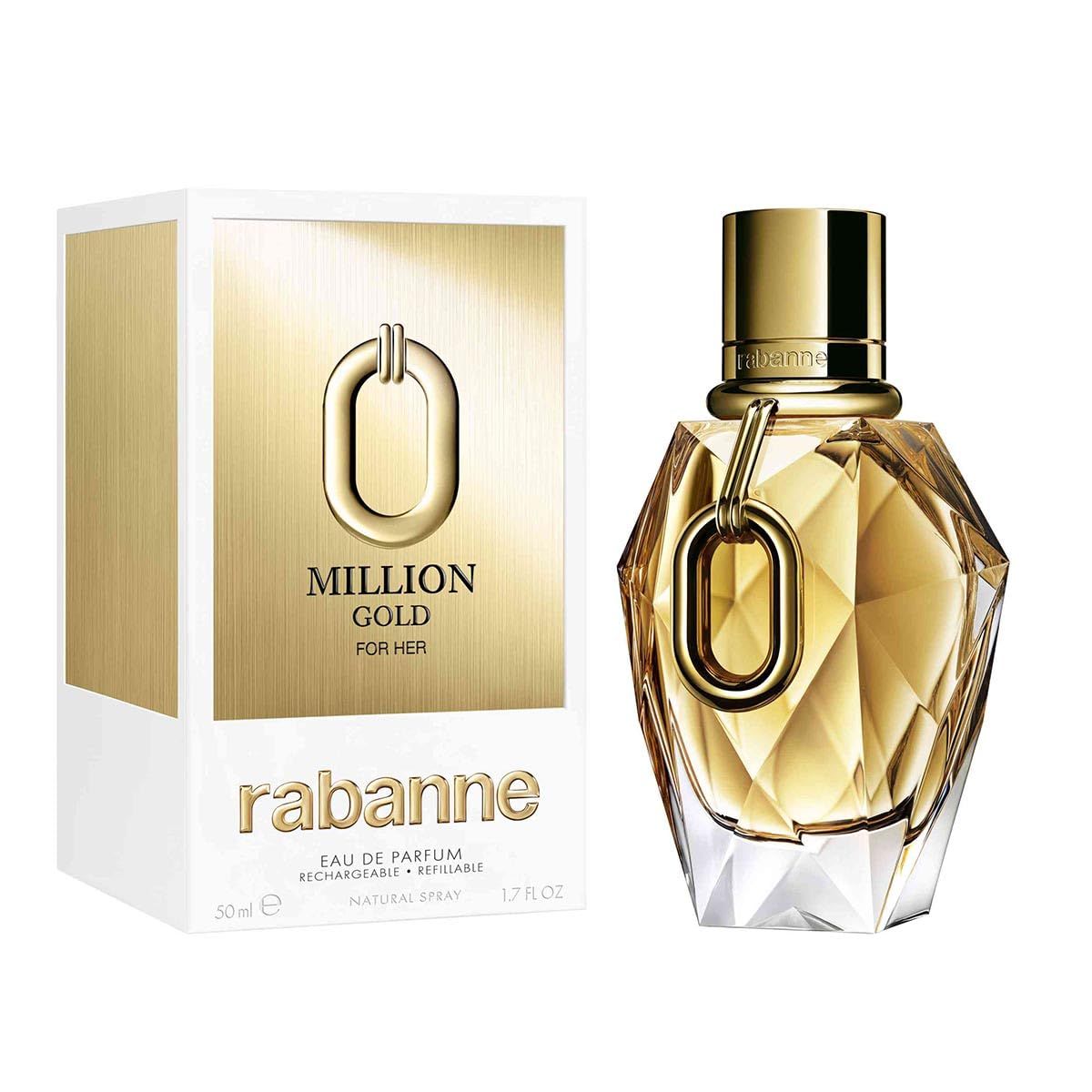 Goldfarbener Flakon und Verpackung. Flakon mit goldfarbenem Verschluss und Anhänger. Aufschrift: Million Gold For Her, Rabanne.