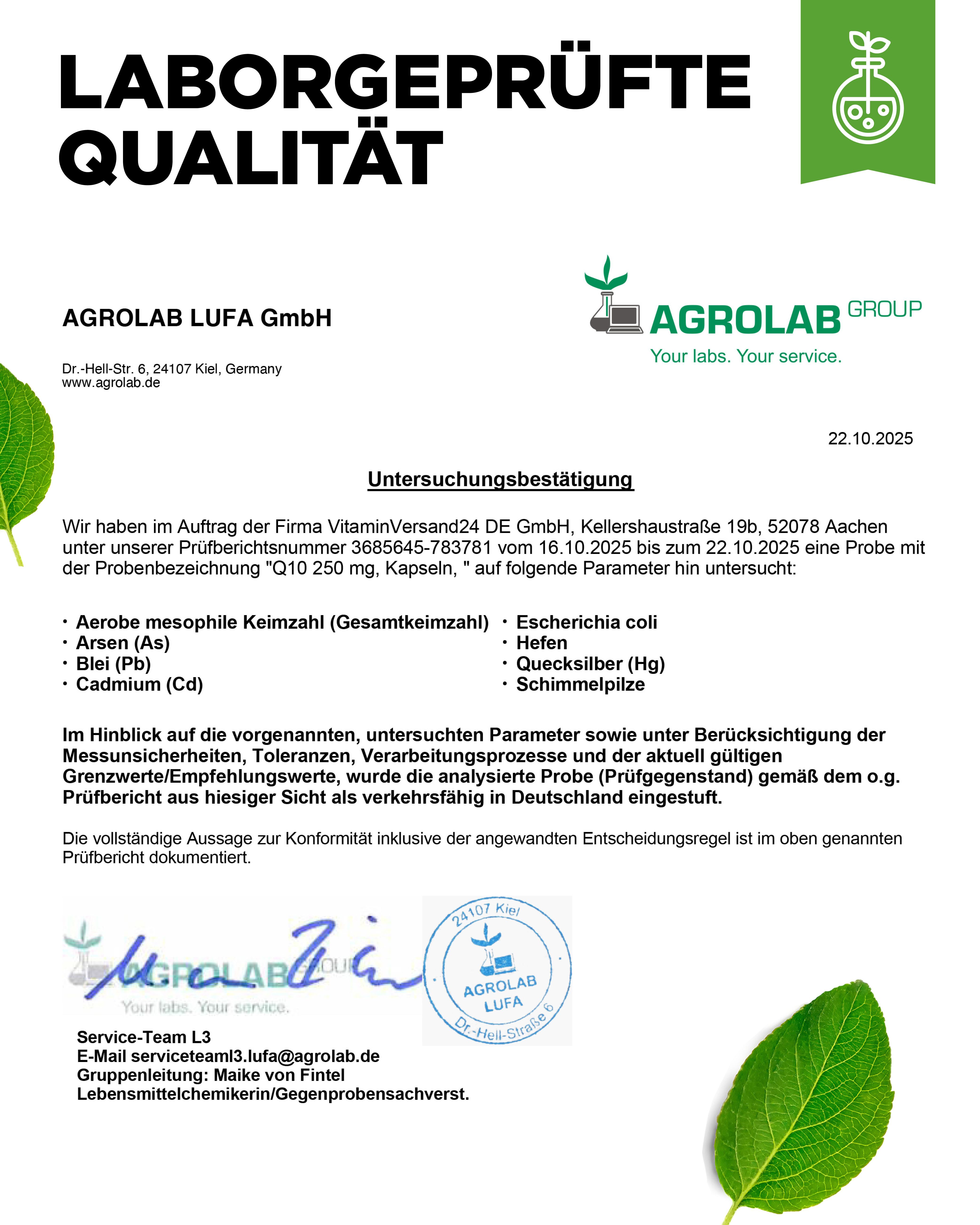 Laborbericht von AGROLAB LUFA GmbH. Unterschriftszeile und Stempel. Analyse von Proben.