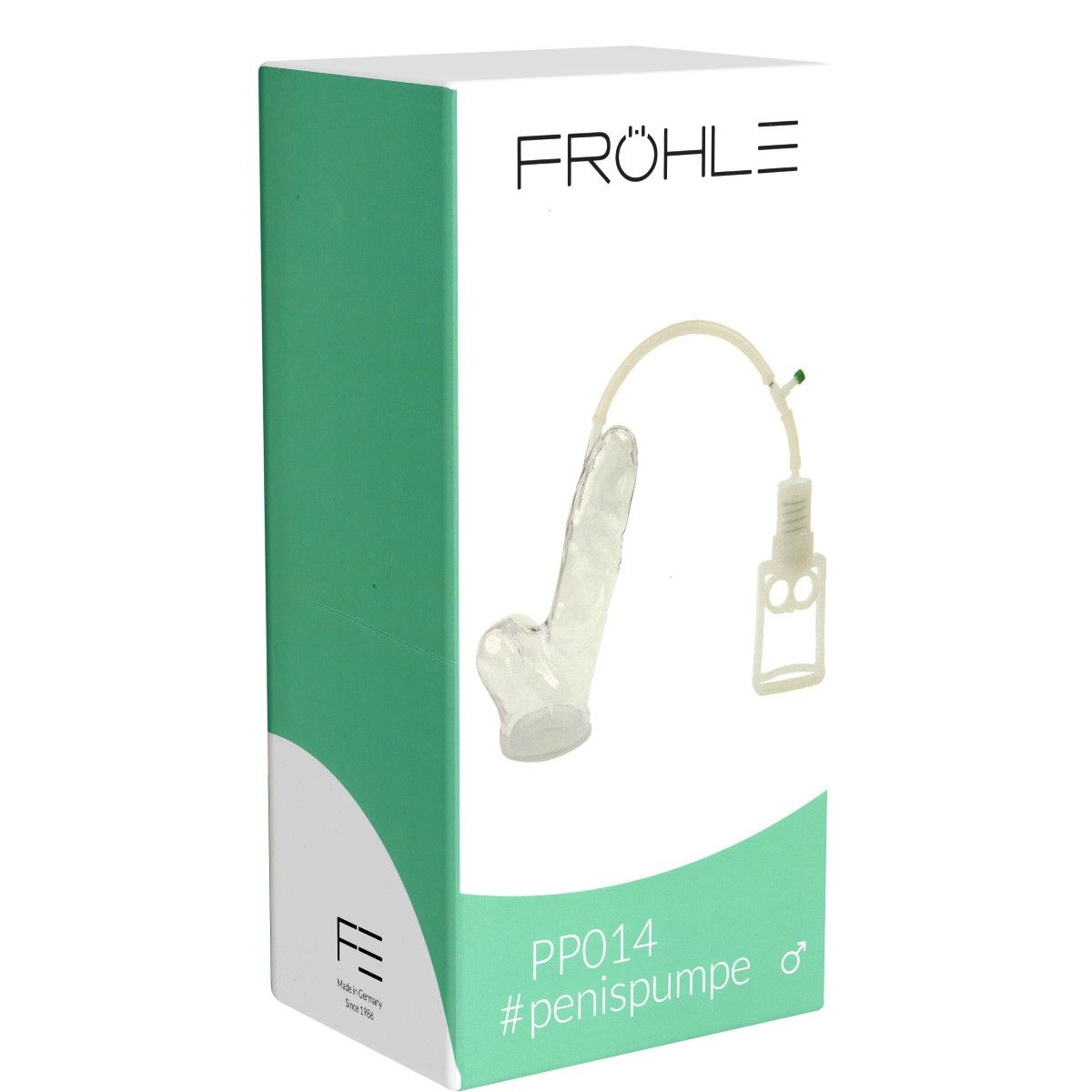 Verpackung mit Penispumpe. Marke Fröhle, Modell PP014. Transparente Pumpe mit Schlauch und Griff. Grün-weiße Verpackung.