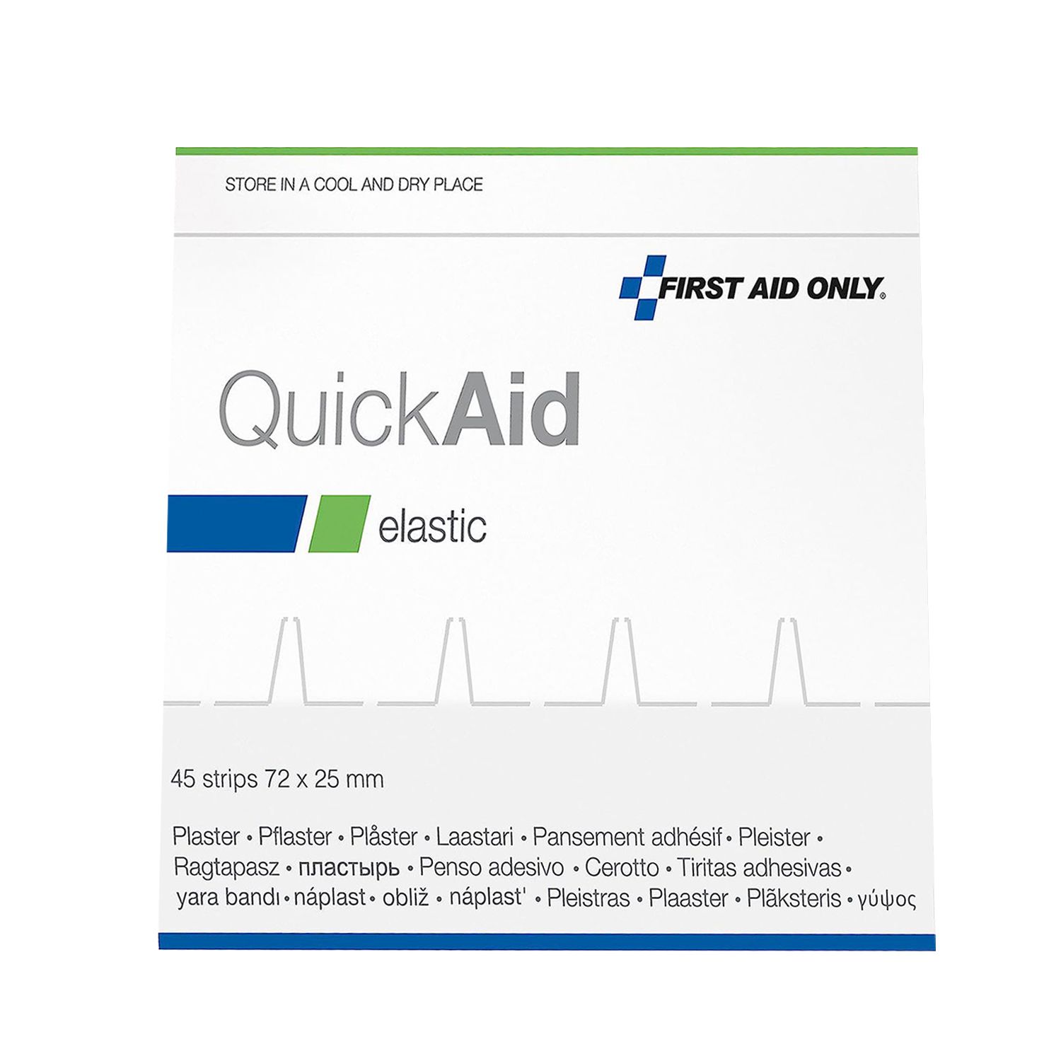 Verpackung mit 45 elastischen Pflastern. Aufschrift: QuickAid elastic. Maße: 72 x 25 mm. Marke: First Aid Only.
