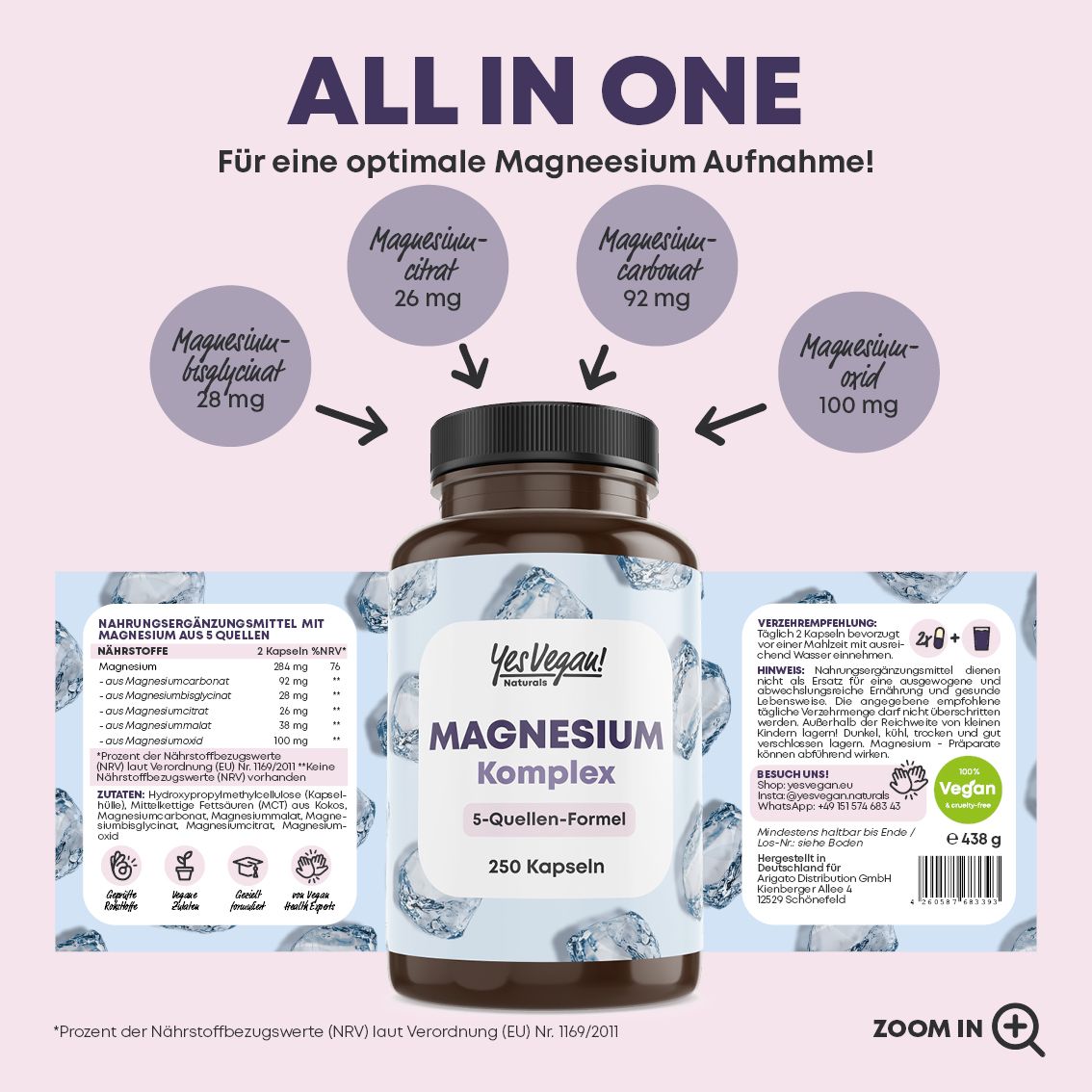 Flasche mit 250 Magnesium Kapseln, 5-Quellen-Formel. Informationen zu Inhaltsstoffen und Aufnahme.