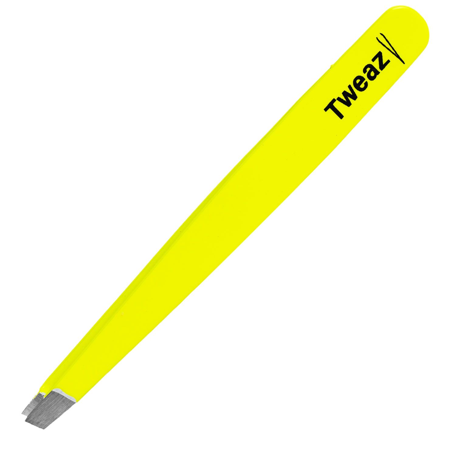 Gele pincet met schuine punt. Opschrift 'Tweaz'.