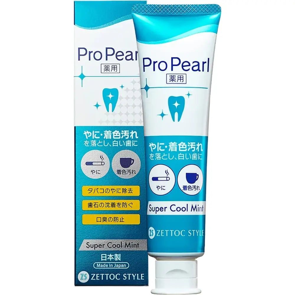 Zahncreme-Tube ProPearl Super Cool Mint neben Verpackung. Weiß-blaues Design, japanische Beschriftung, Made in Japan.