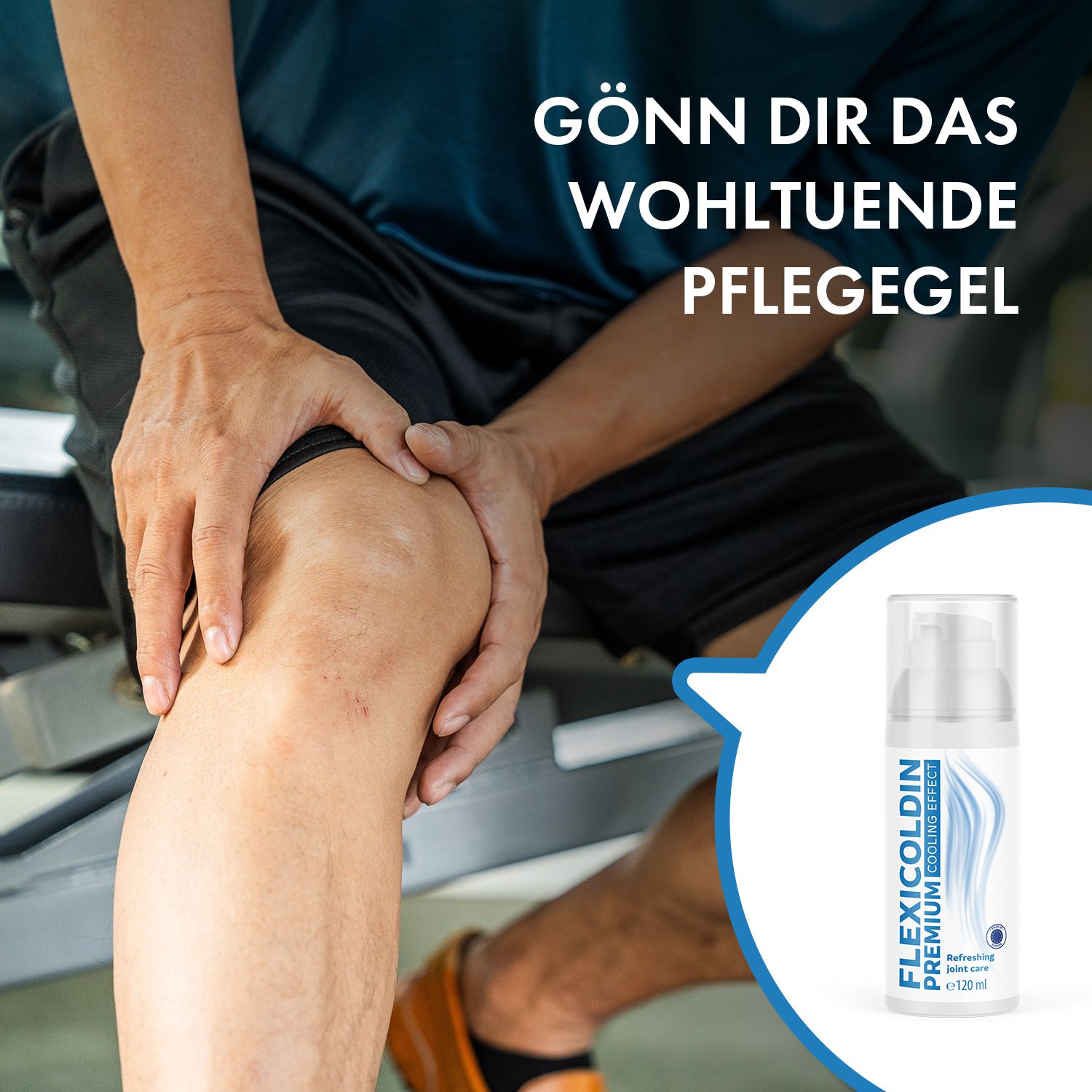 Mann hält Knie. Flexicoldin Premium Cooling Effect Gel, 120 ml Flasche im Bild. Text: Gönn dir das wohltuende Pflegegel.