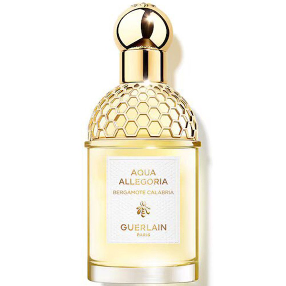 Parfümflasche mit goldfarbenem Deckel. Aufschrift: Aqua Allegoria Bergamote Calabria. Marke: Guerlain.