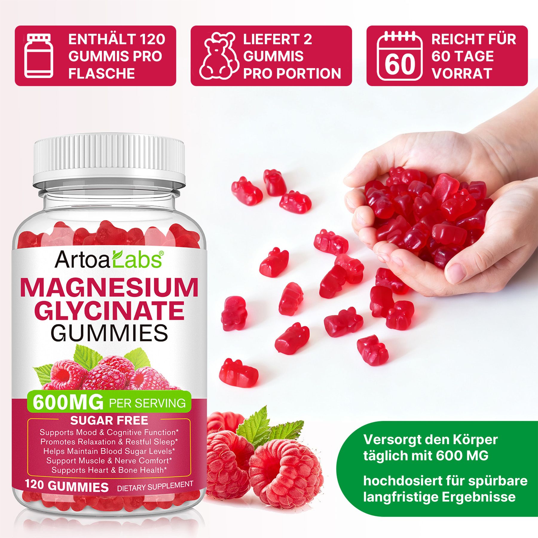Flasche mit ArtoaLabs Magnesium Glycinate Gummis, 120 Stück. Rote Gummibärchen, Himbeeren.