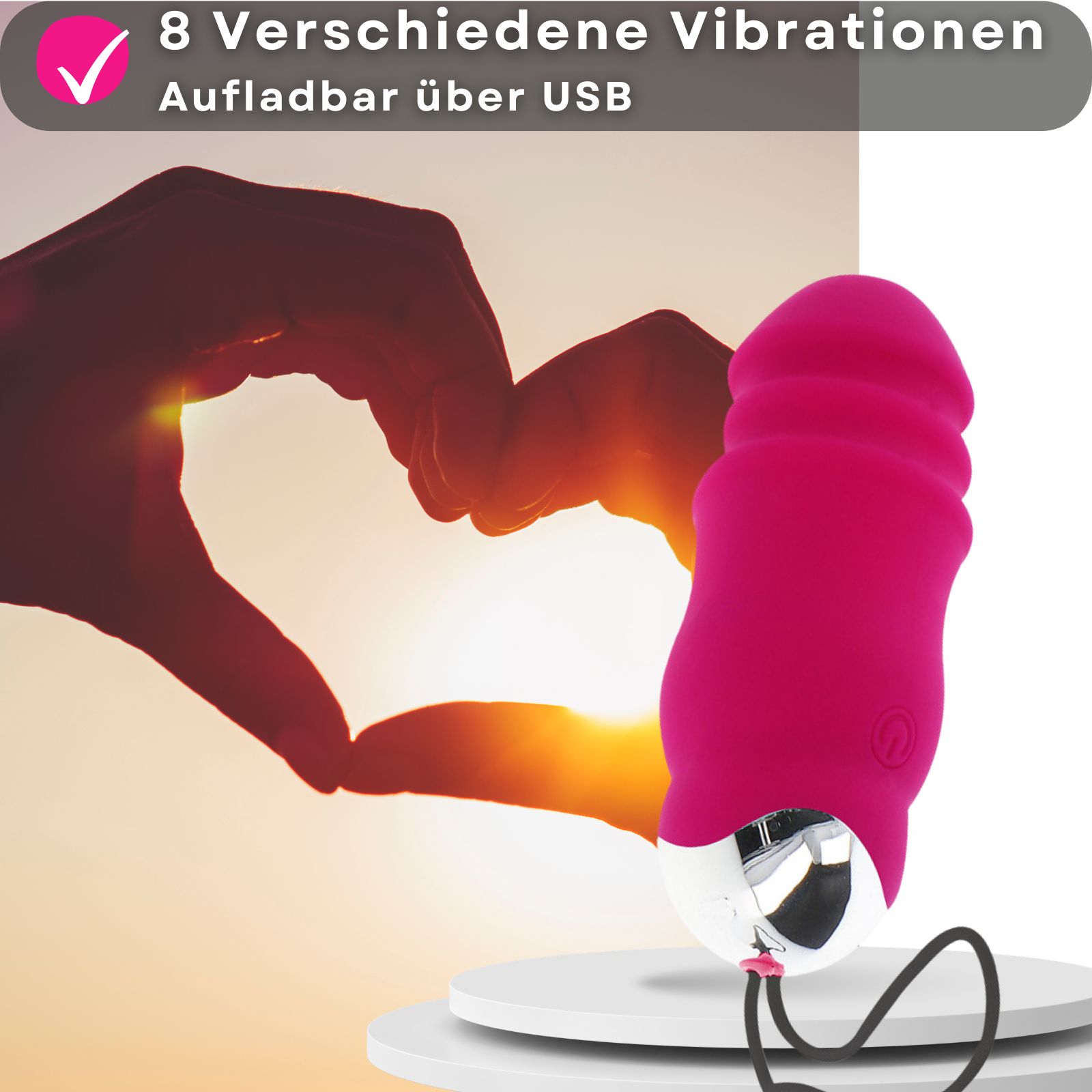 Pinkes Vibrator-Ei. 8 Vibrationsmodi. Wiederaufladbar. Silikon und ABS-Kunststoff. 9 cm lang, 3,3 cm Durchmesser.