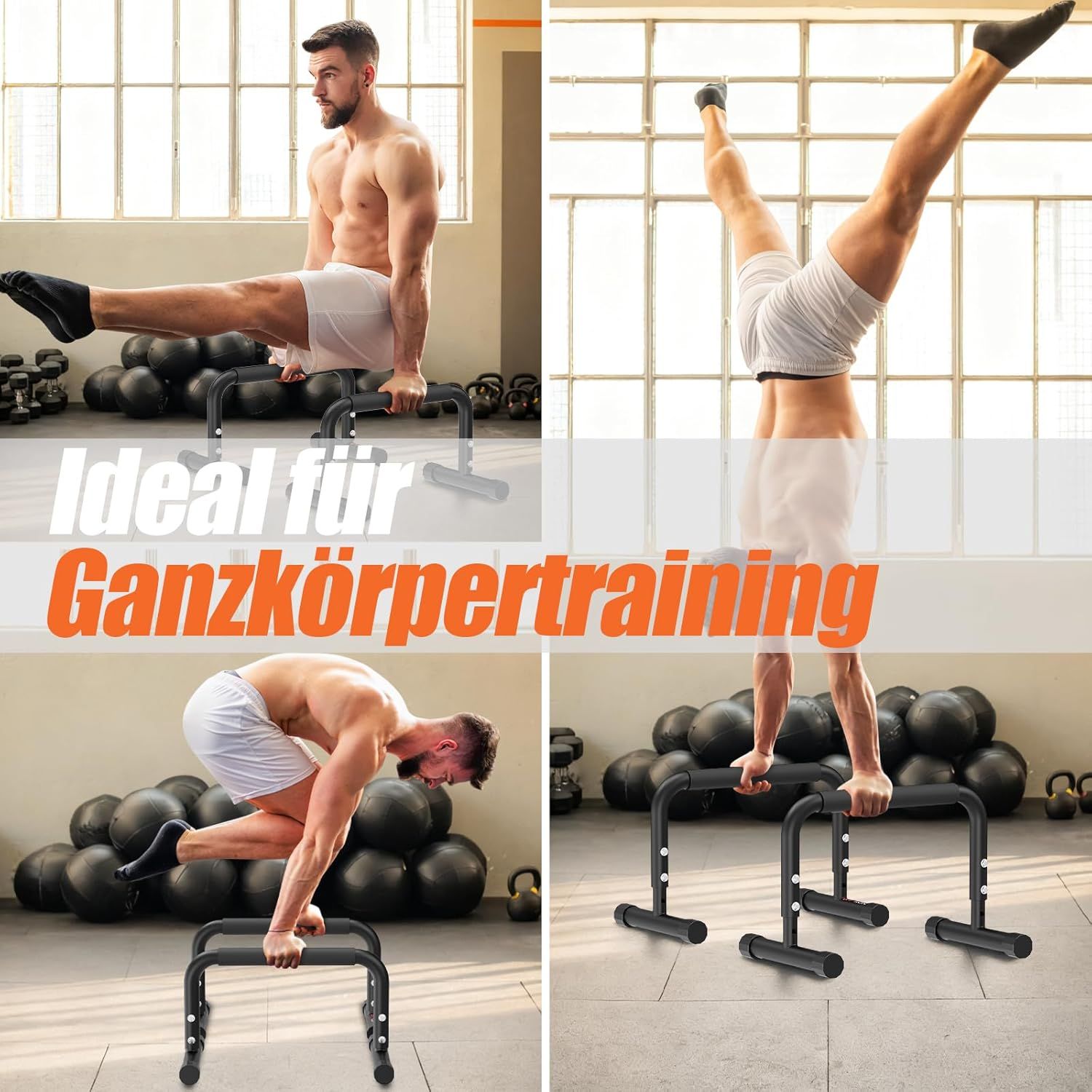 Mehrere Bilder zeigen Ganzkörpertraining mit schwarzen Barren. Verschiedene Übungen.