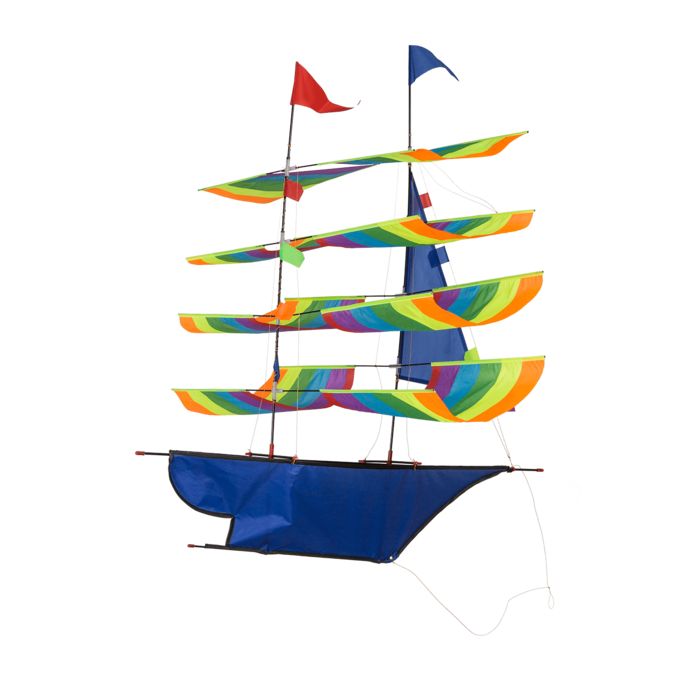 Blauer Segelschiff-Drachen mit bunten Segeln und Flaggen. Das Segelboot hat vier Segel und eine blaue Rumpfform.