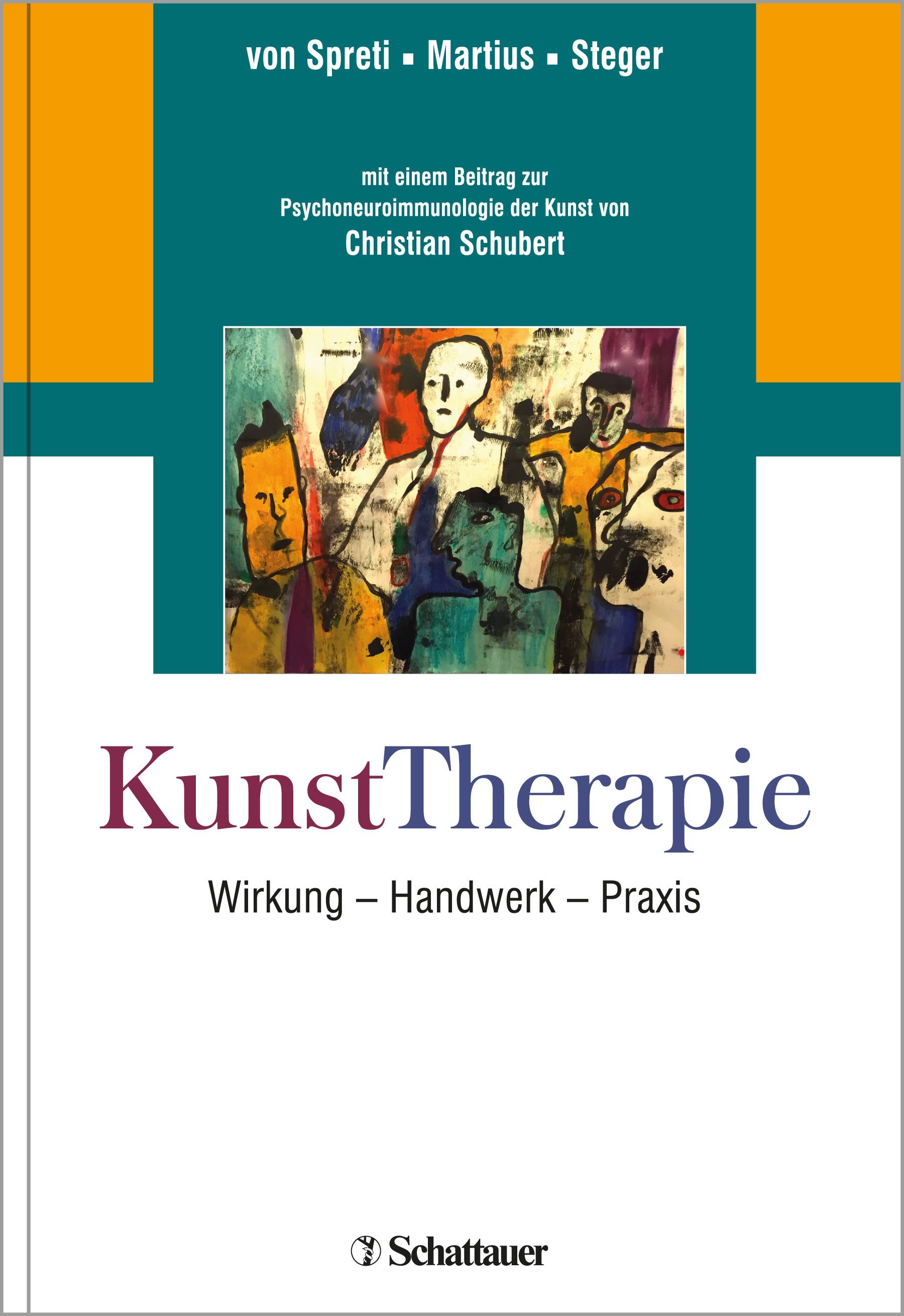 Buchcover: KunstTherapie. Titel in lila Schrift. Autoren: von Spreti, Martius, Steger. Verlag Schattauer. Abstraktes Gemälde.