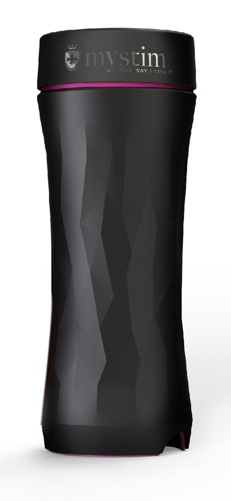 Schwarzes Gerät mit geometrischer Oberfläche. Rosa Akzent am oberen und unteren Rand. Marke "mystim" sichtbar.