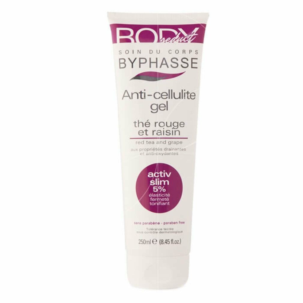 Weiße Tube mit Aufschrift BODY secret, BYPHASSE Anti-Cellulite Gel, roter Tee & Traube. Activ Slim 5%.