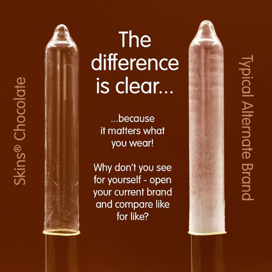 Zwei Kondome nebeneinander. Links: Skins Chocolate. Rechts: Typische Alternative. Text: The difference is clear... because it matters what you wear!