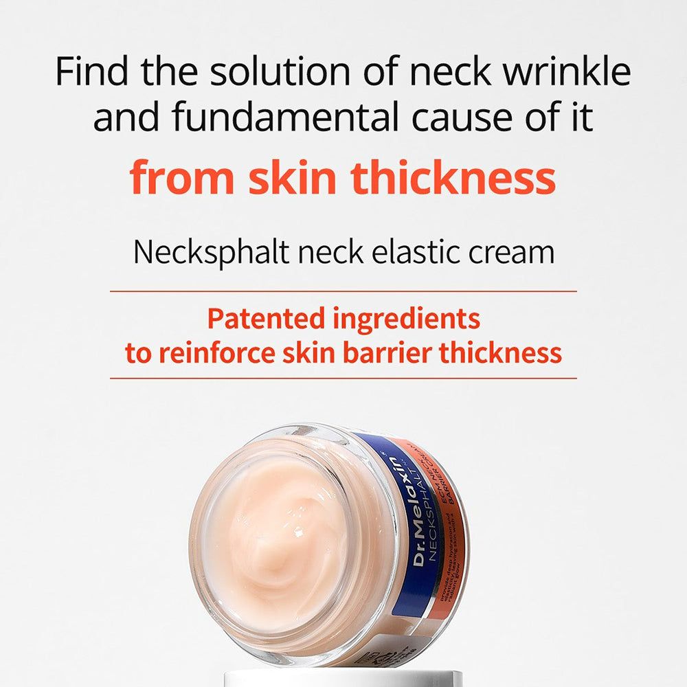 Dr. Melaxin Necksphalt ECM Ceramide Nackcreme Behälter von oben, mit Text über Hautdicke.