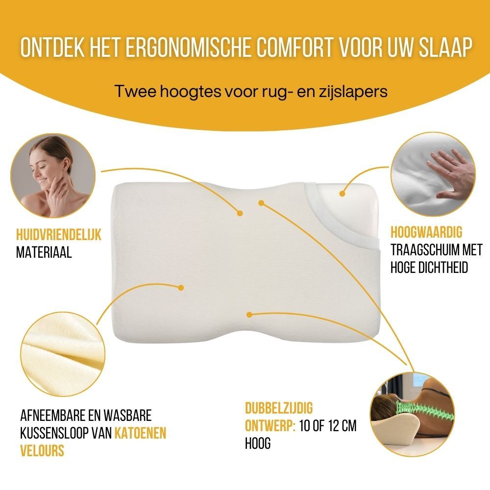 Reclamebeeld: vrouw slaapt op rug met kussen. Tekst.