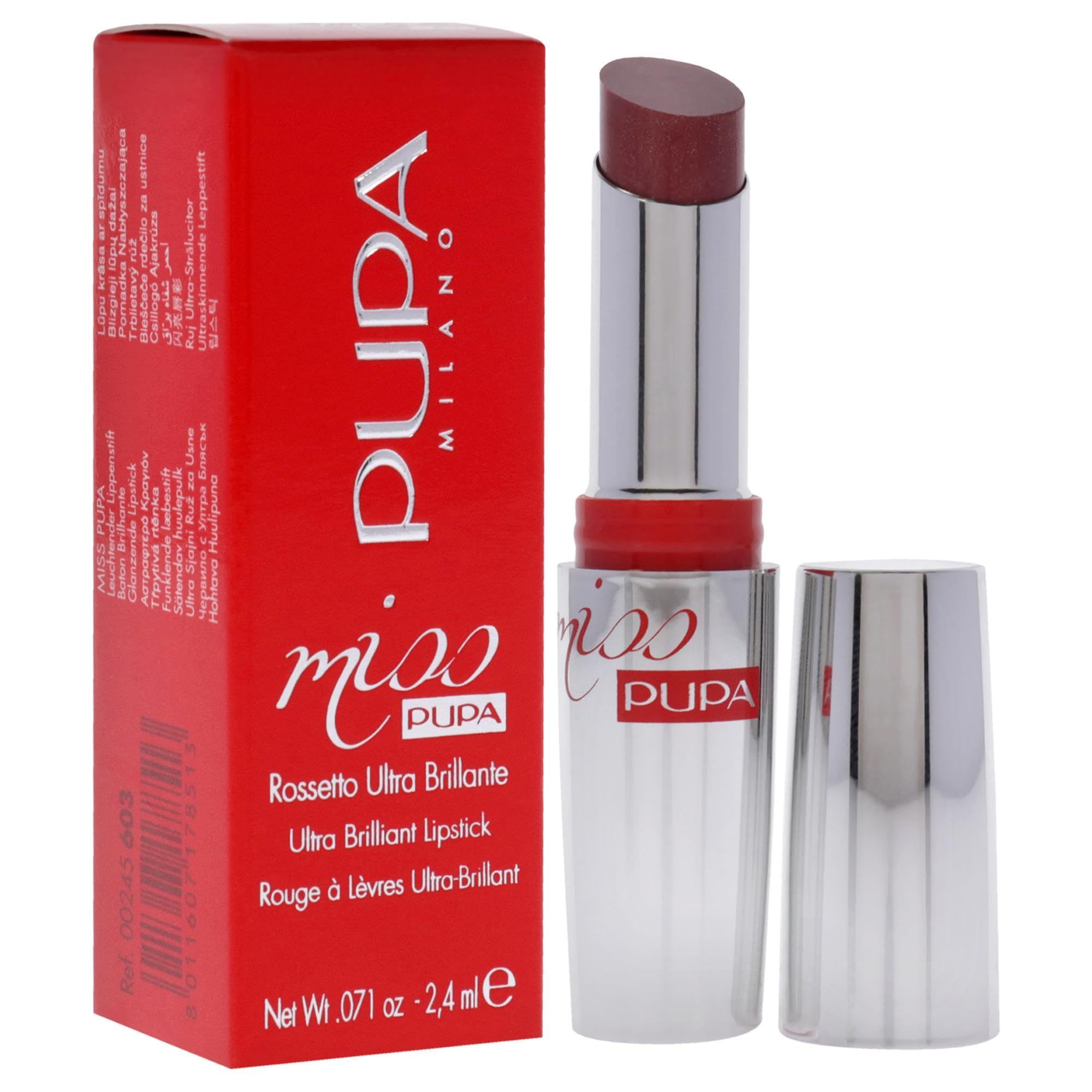 Pupa Rossetto Miss Pupa 603 mit roter Verpackung. Silberfarbener Lippenstift, geöffnet. Dunkelroter Lippenstift.