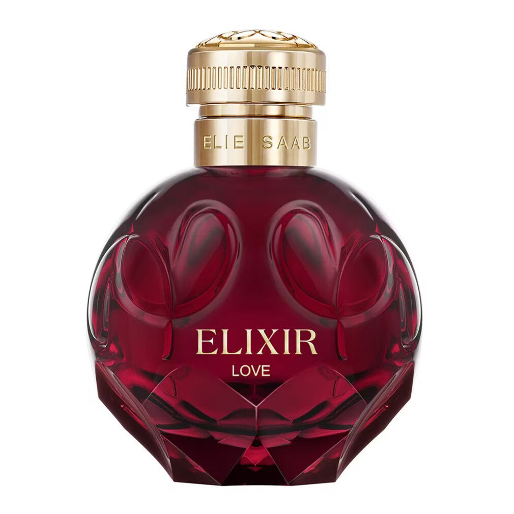 Rote Elie Saab Elixir Love Eau de Parfum Flasche mit goldenem Verschluss, Nahaufnahme.