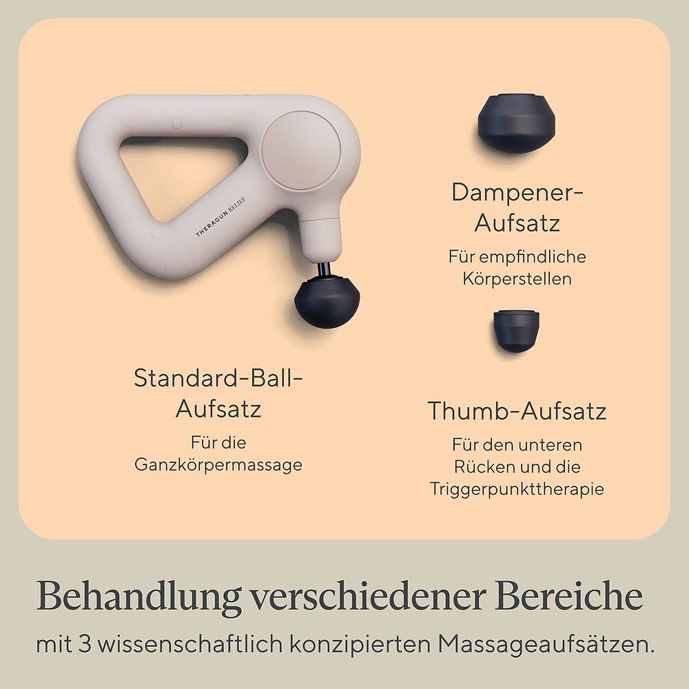 Beiges Massagegerät mit drei Aufsätzen. Text: "Standard-Ball-Aufsatz", "Dampener-Aufsatz", "Thumb-Aufsatz".