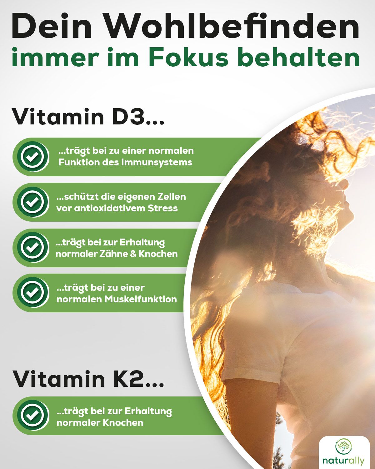Werbetafel mit Text und Frau. Text: Vitamin D3, Vitamin K2. Vorteile für Gesundheit. Naturally Logo unten rechts.