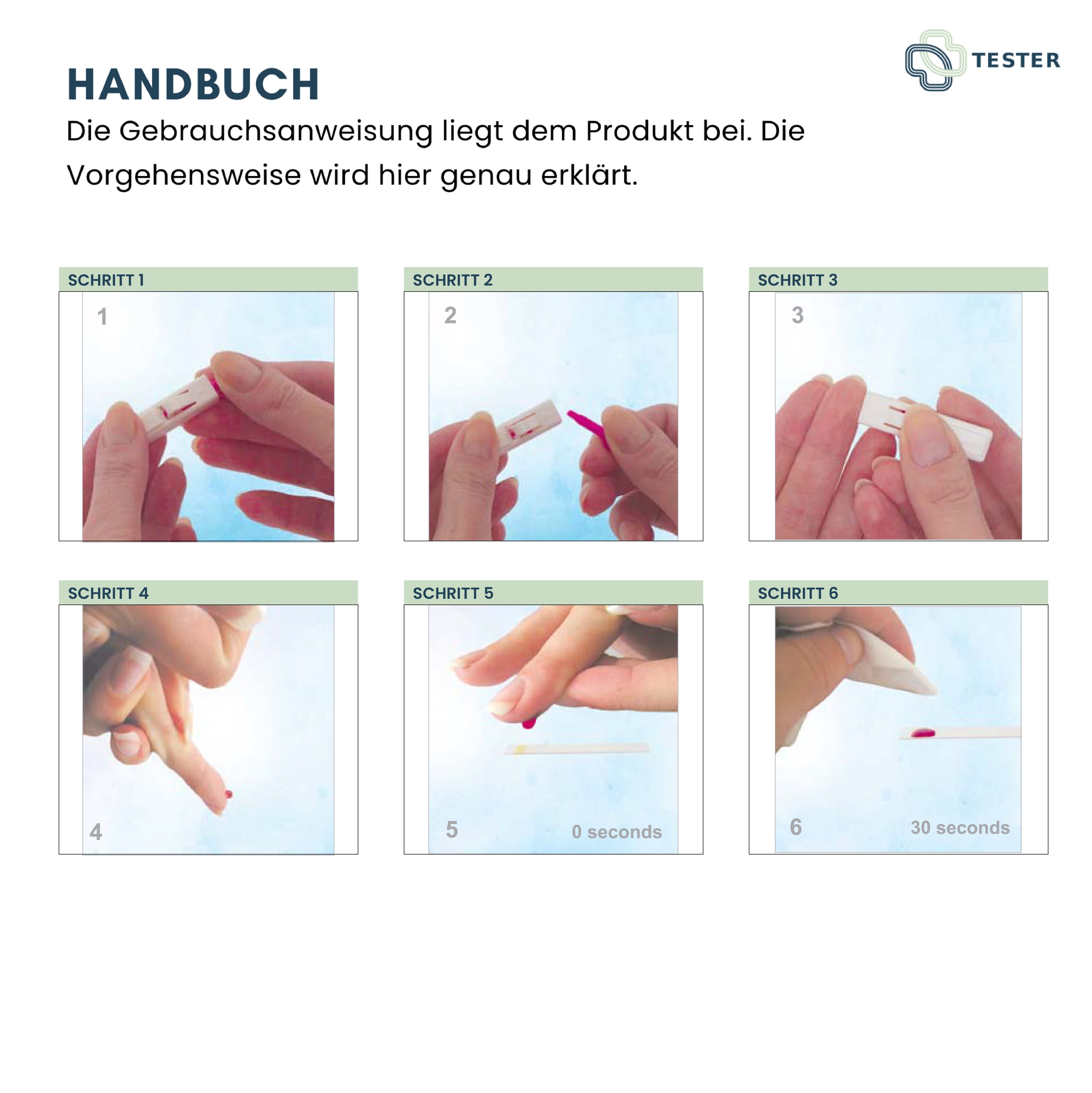 Handbuch mit Anweisungen. Sechs Schritte zur Durchführung des Tests. Hände zeigen die Anwendung.