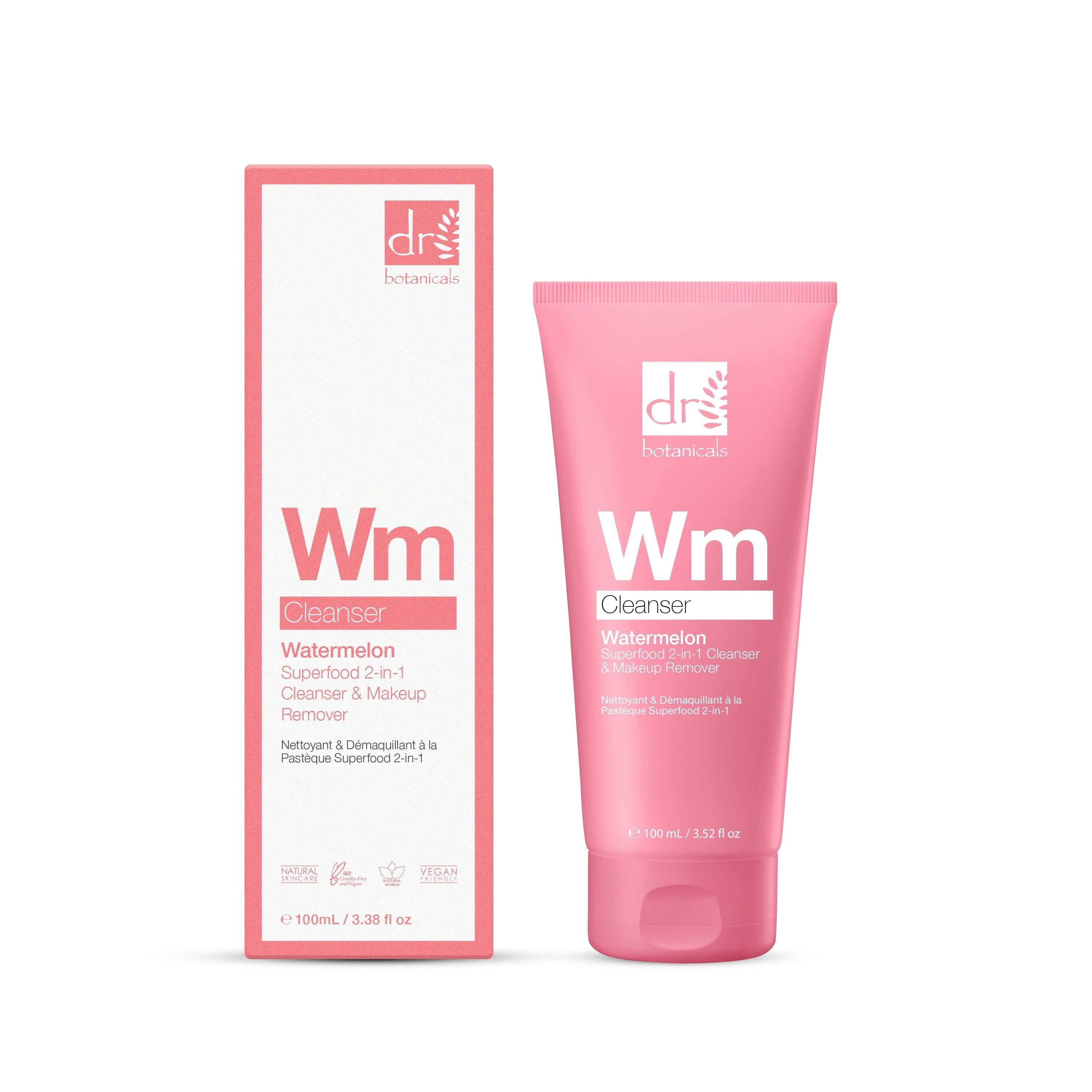 Rosa Tube und Schachtel mit "Dr Botanicals" und "Wm Cleanser". Text: Watermelon Superfood 2-in-1 Cleanser & Makeup Remover.