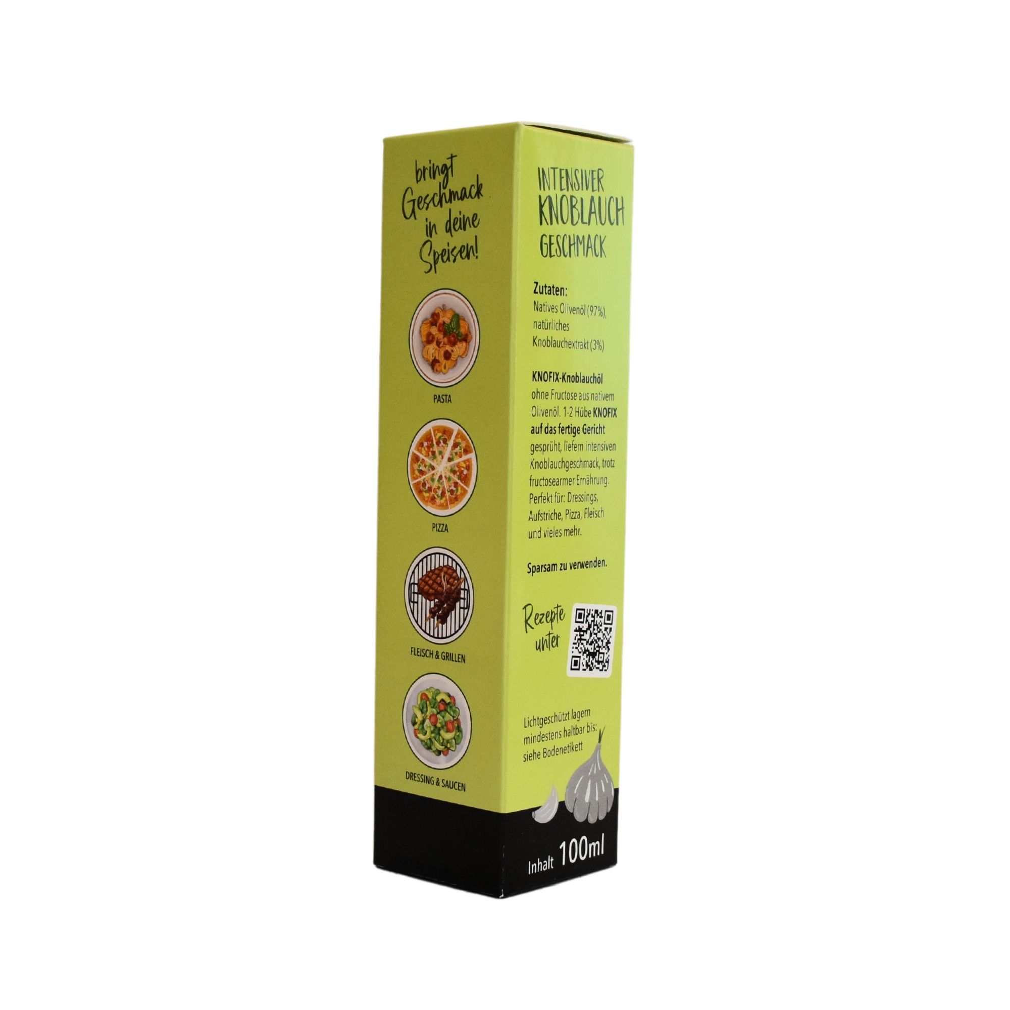 Produktverpackung mit Text: Bringt Geschmack in deine Speisen. Abbildungen von Gerichten. Inhalt: 100ml.