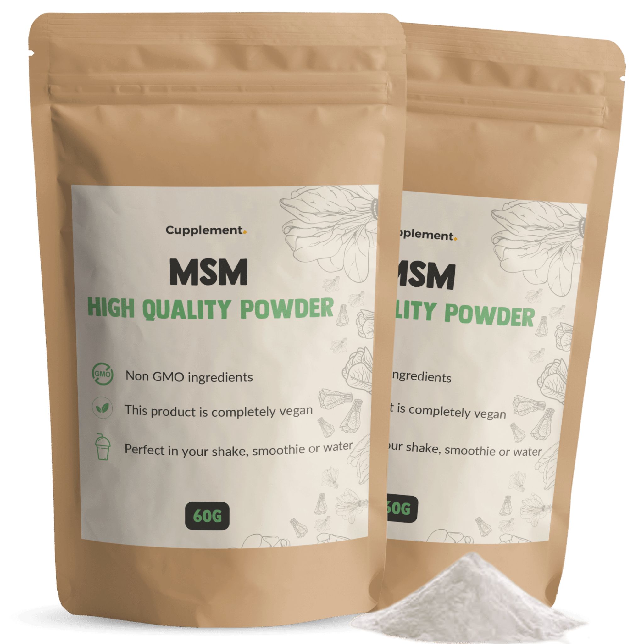 Zwei Beutel MSM-Pulver. Aufschrift: MSM High Quality Powder. 60g. Vegan. Nicht-GVO-Inhaltsstoffe.