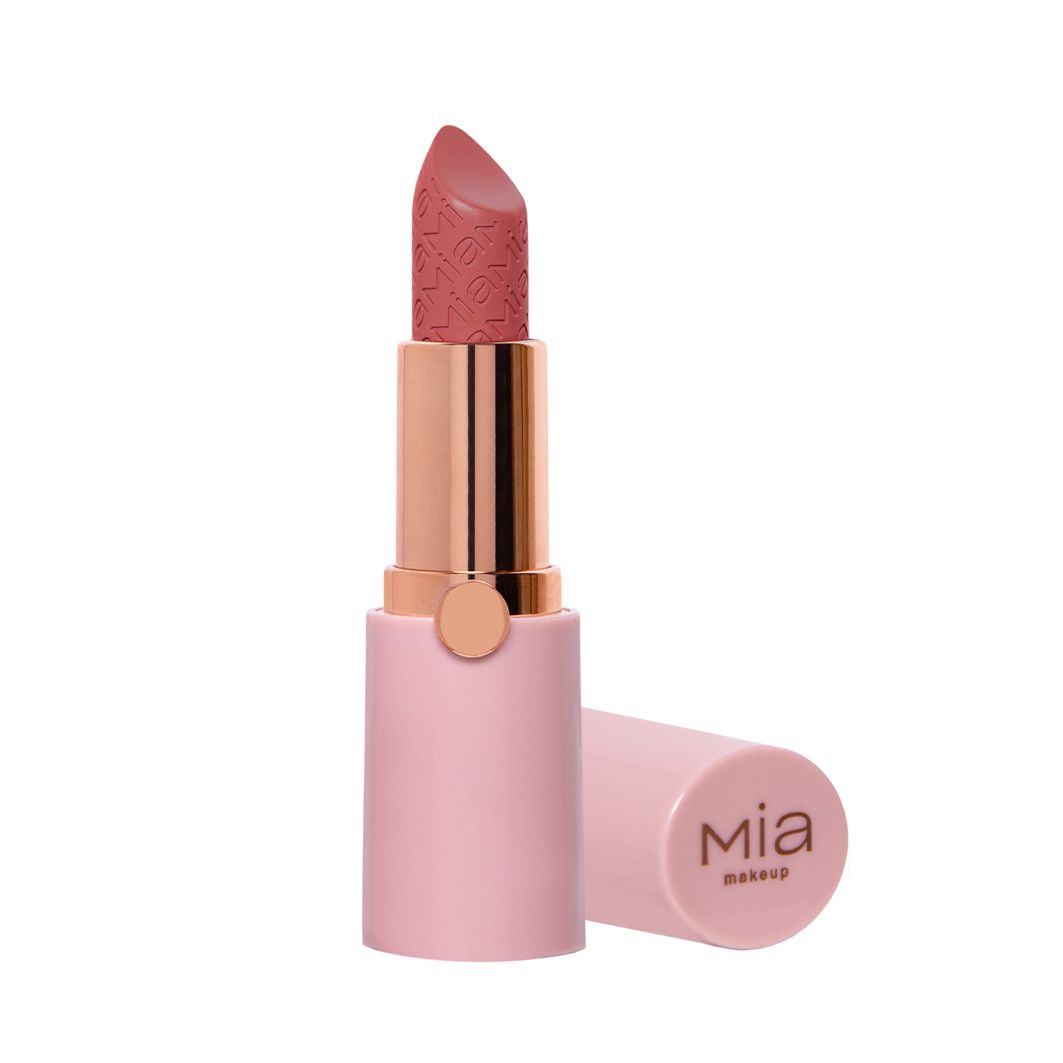 Rossetto rosa con astuccio dorato e cappuccio aperto. Marchio Mia Makeup.