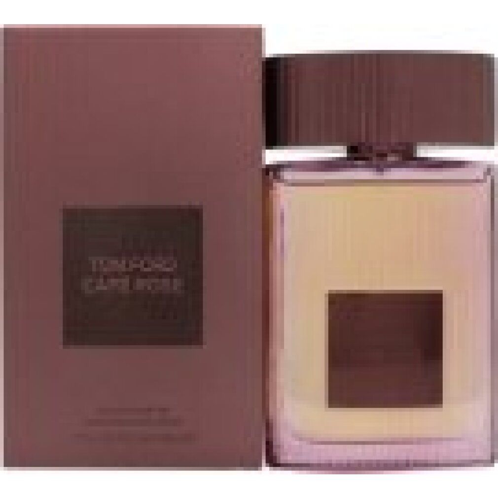 TOM FORD CAFE ROSE Flakon und Verpackung. Flakon mit braunem Deckel und rechteckigem Etikett. Verpackung in Rotbraun.