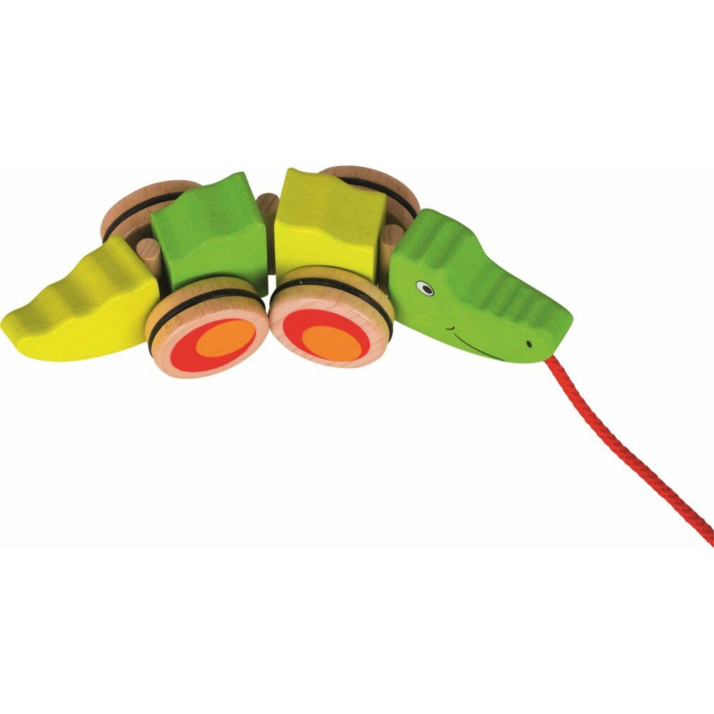 Holz-Krokodil zum Ziehen, grün und gelb. Räder mit roten und orangen Kreisen. Rote Schnur. Goki.