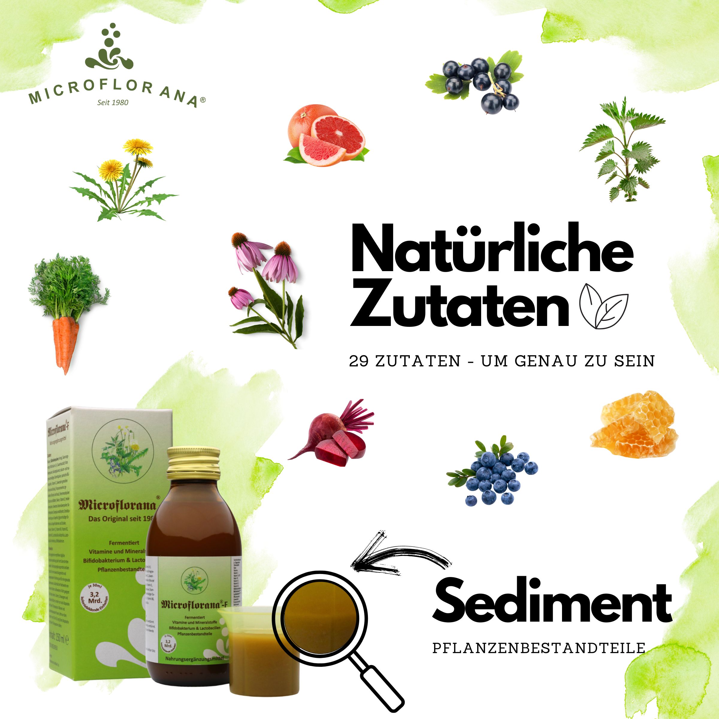 Flasche und Karton "Microflorana-F". Kräuter, Beeren und Blüten. "Das Original seit 1980".