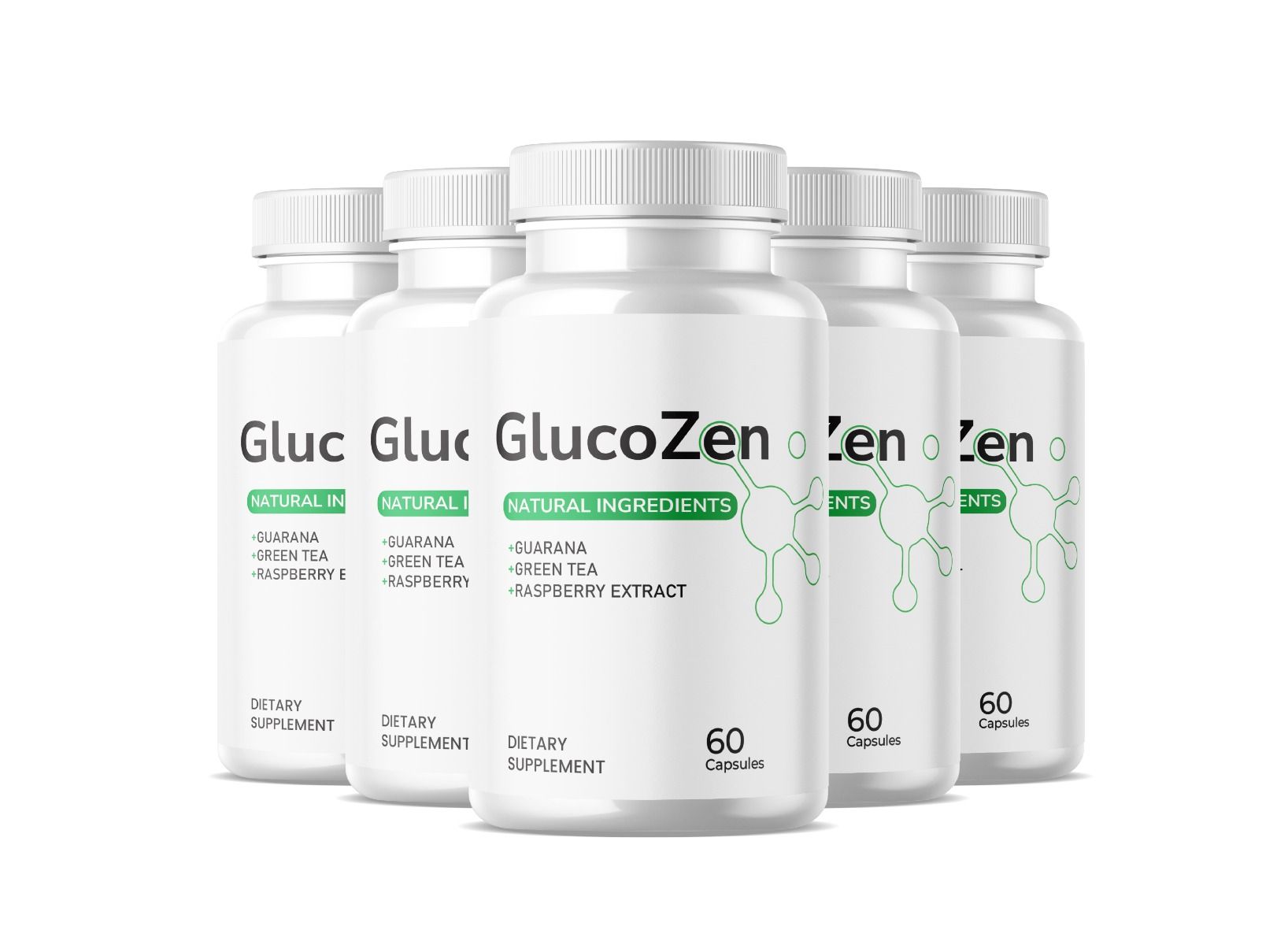 Fünf weiße Flaschen mit Schraubverschluss. Aufschrift: GlucoZen, natürliche Inhaltsstoffe, 60 Kapseln. Enthält Guarana, grünen Tee, Himbeerextrakt.