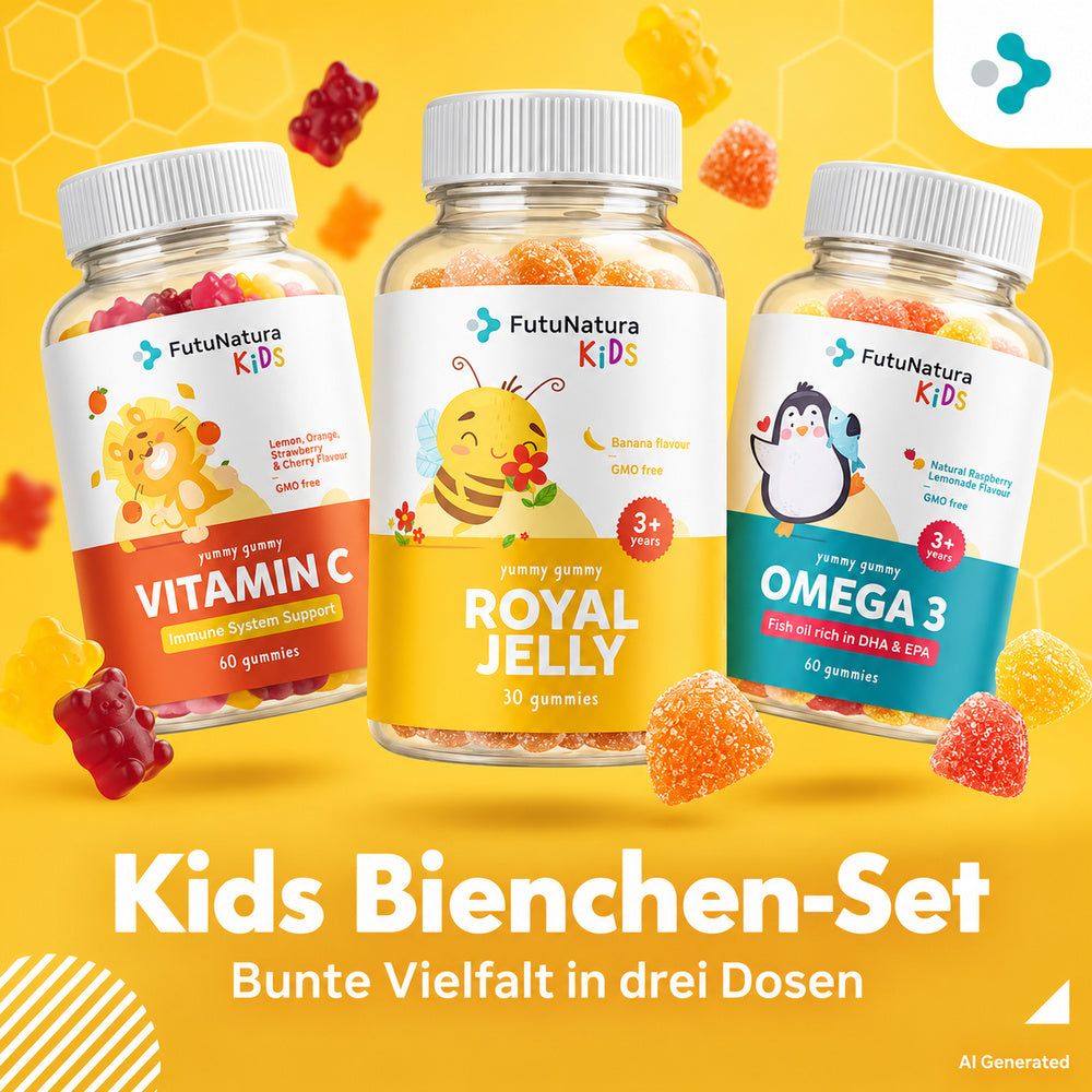 Drei Flaschen FutuNatura Kids Gummis: Vitamin C, Omega 3 und Royal Jelly, umgeben von Gummibärchen.