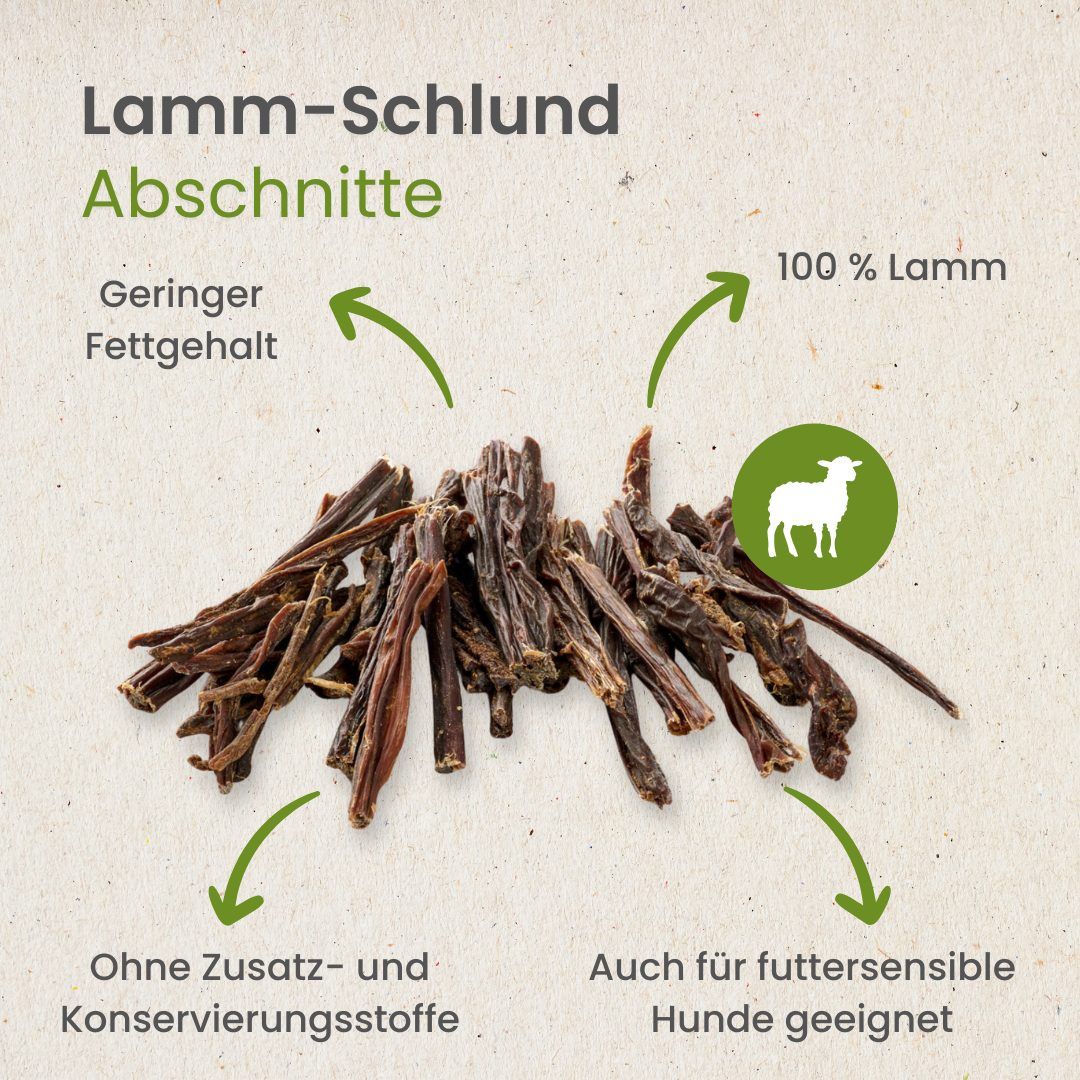 Getrocknete Lamm-Schlund-Abschnitte für Hunde, isoliert auf weißem Hintergrund.