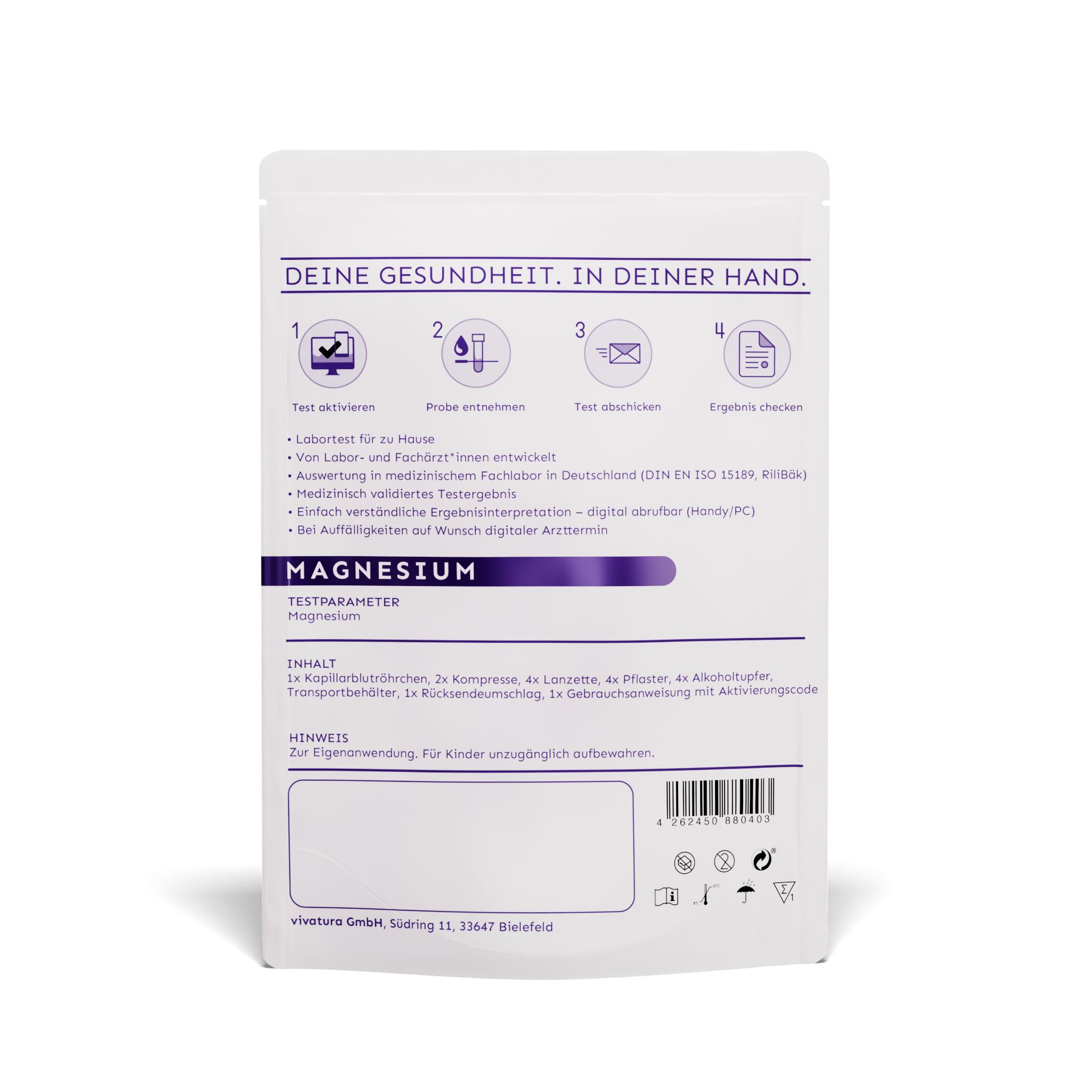 Rückseite des Beutels. Text: DEINE GESUNDHEIT. IN DEINER HAND. MAGNESIUM. Inhalt: Kompressen, Lanzette, Pflaster, Alkoholtupfer, Transportbehälter.