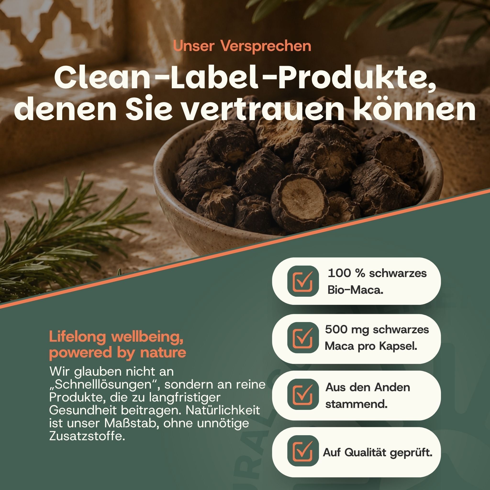 Schale mit schwarzen Maca-Wurzeln. Daneben Text über Clean-Label-Produkte und Qualitätsprüfung. '100% schwarzes Bio-Maca'.