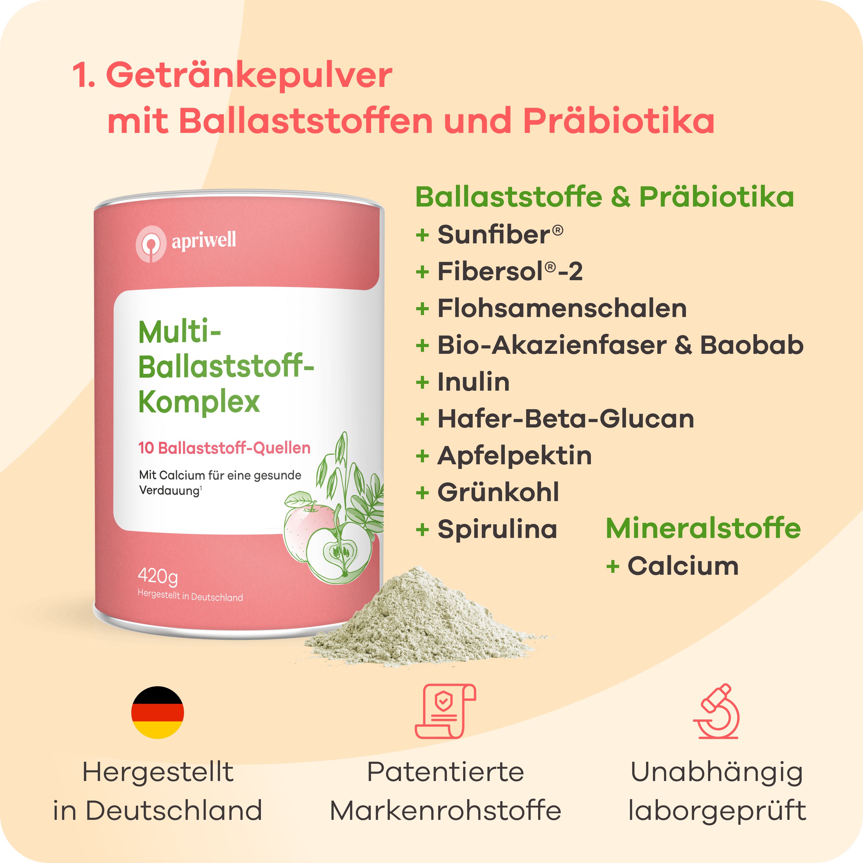 Dose Multi-Ballaststoff-Komplex, 420g. Text: 10 Ballaststoff-Quellen. Hergestellt in Deutschland. Zertifizierungen.